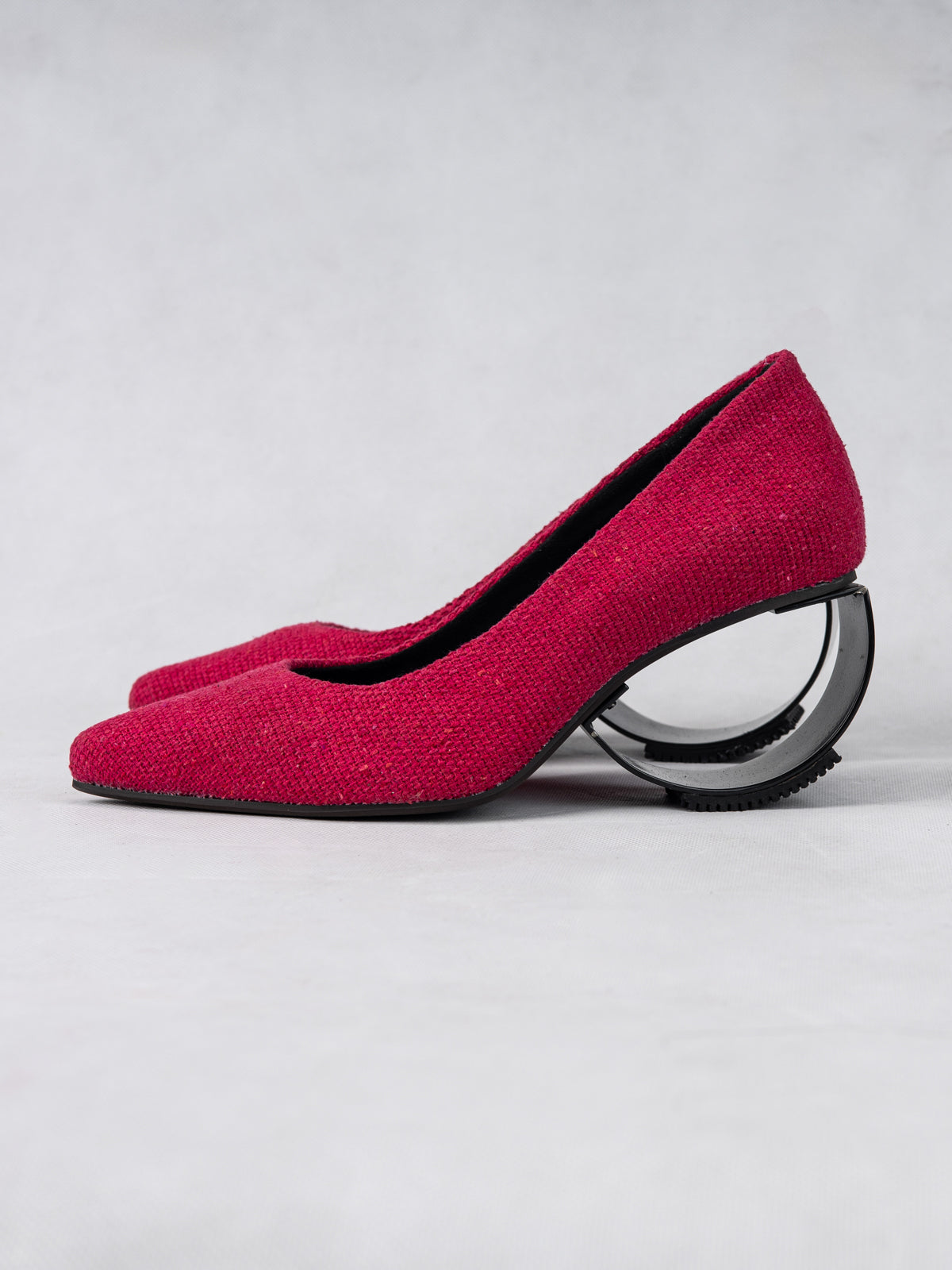 Fuschia Pink Handwoven Cotton & Steel Crescent Heel Pumps