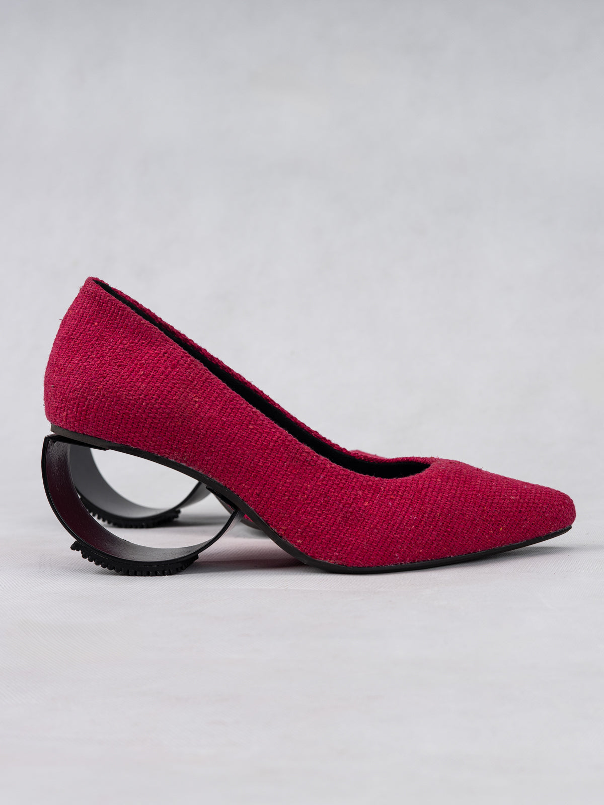 Fuschia Pink Handwoven Cotton & Steel Crescent Heel Pumps