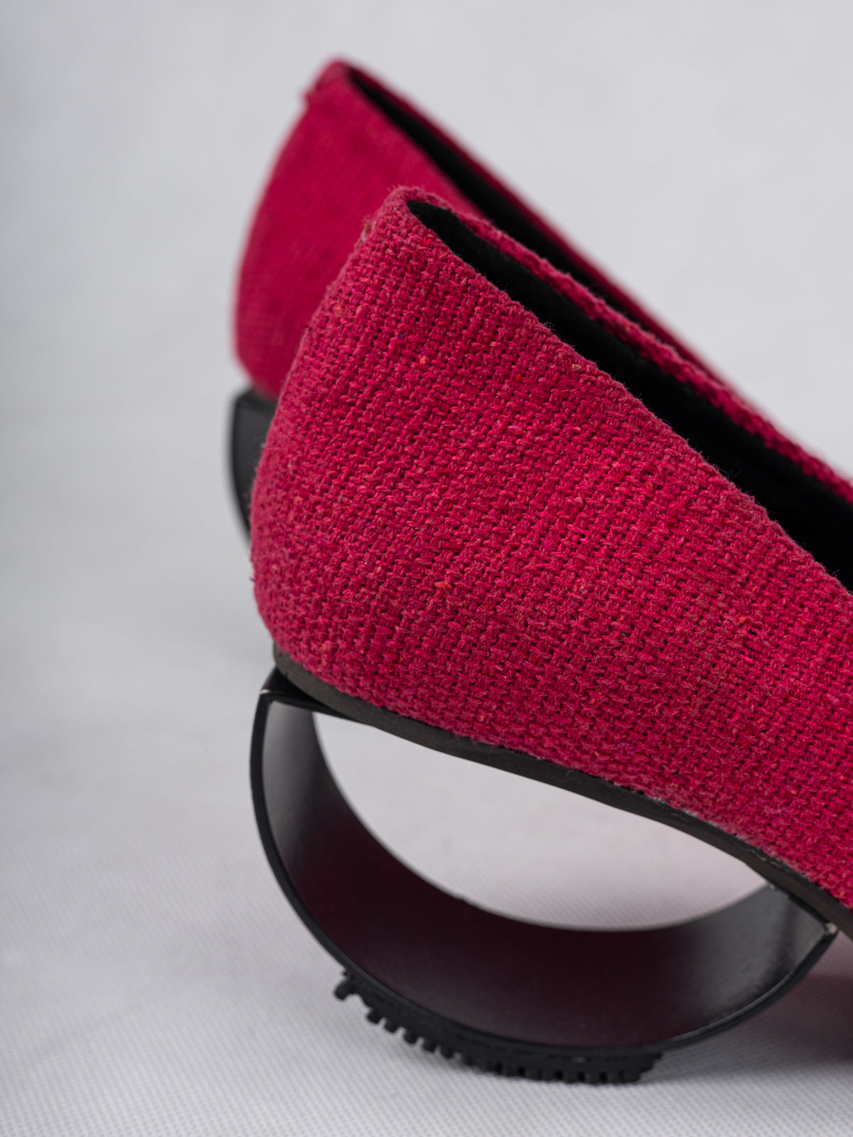 Fuschia Pink Handwoven Cotton & Steel Crescent Heel Pumps