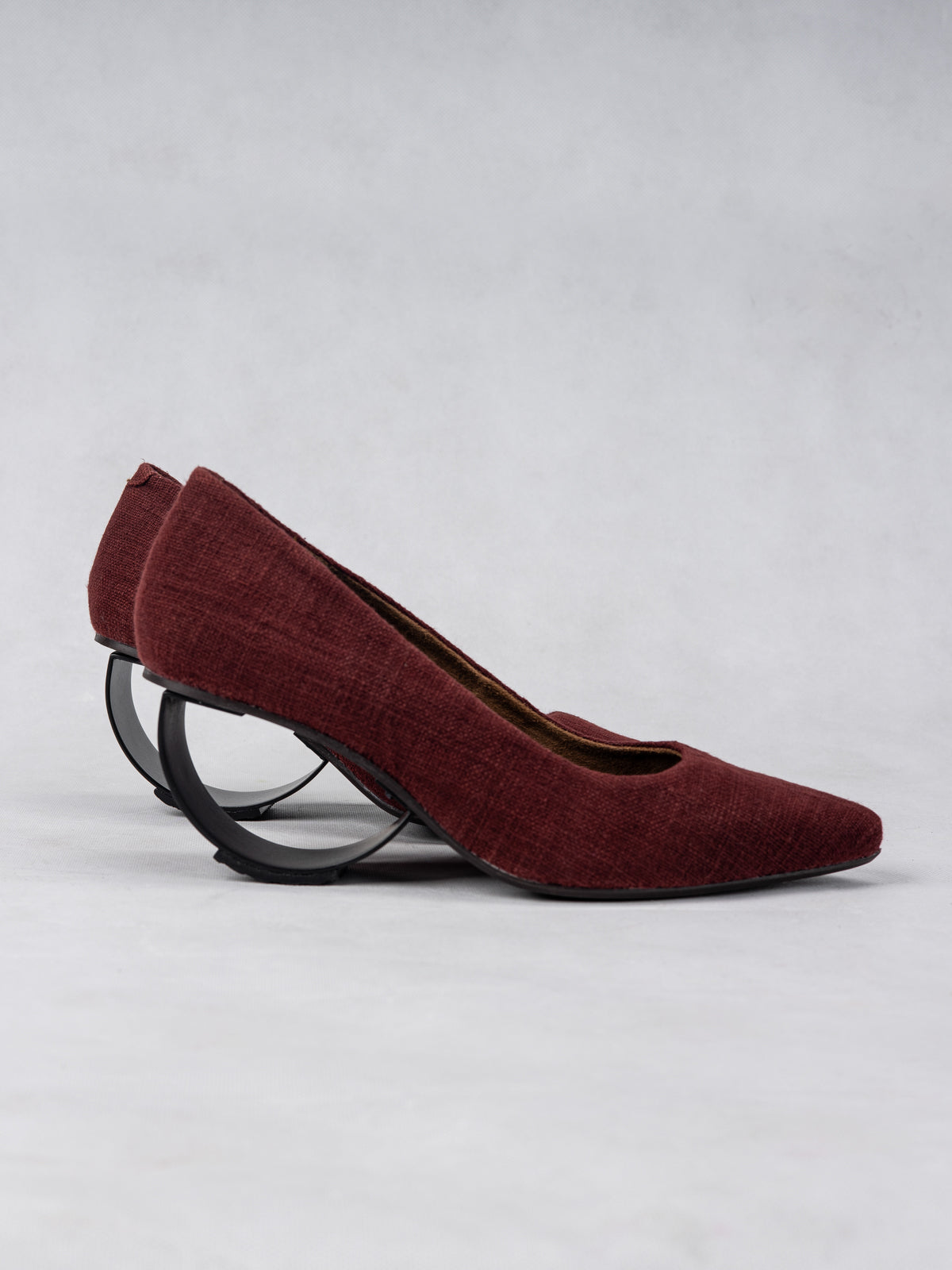 Deep Maroon Organic Cotton & Steel Crescent Heel Pumps