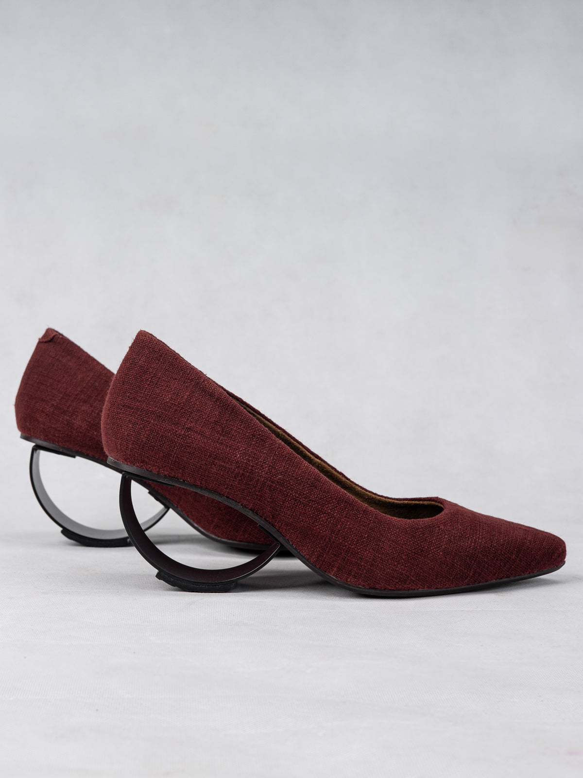 Deep Maroon Organic Cotton & Steel Crescent Heel Pumps