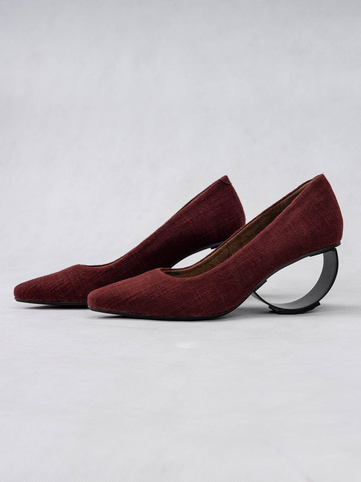 Deep Maroon Organic Cotton & Steel Crescent Heel Pumps