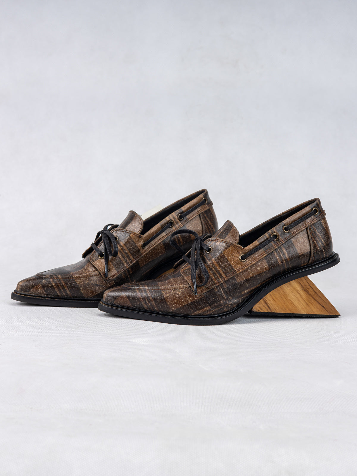 Brown Plaid Plant Leather & Wooden Bridge Heel Boat Shoes