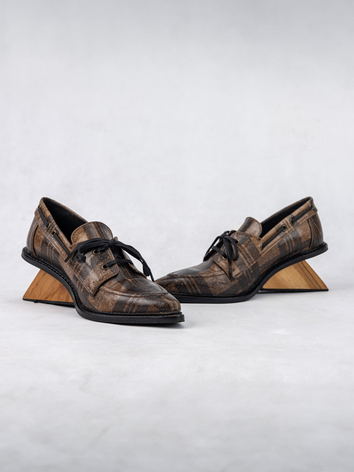 Brown Plaid Plant Leather & Wooden Bridge Heel Boat Shoes