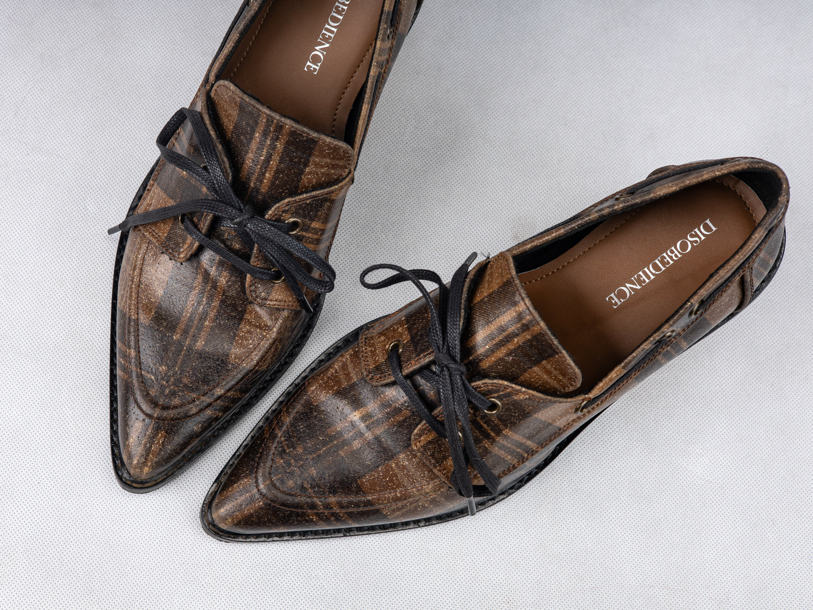 Brown Plaid Plant Leather & Wooden Bridge Heel Boat Shoes