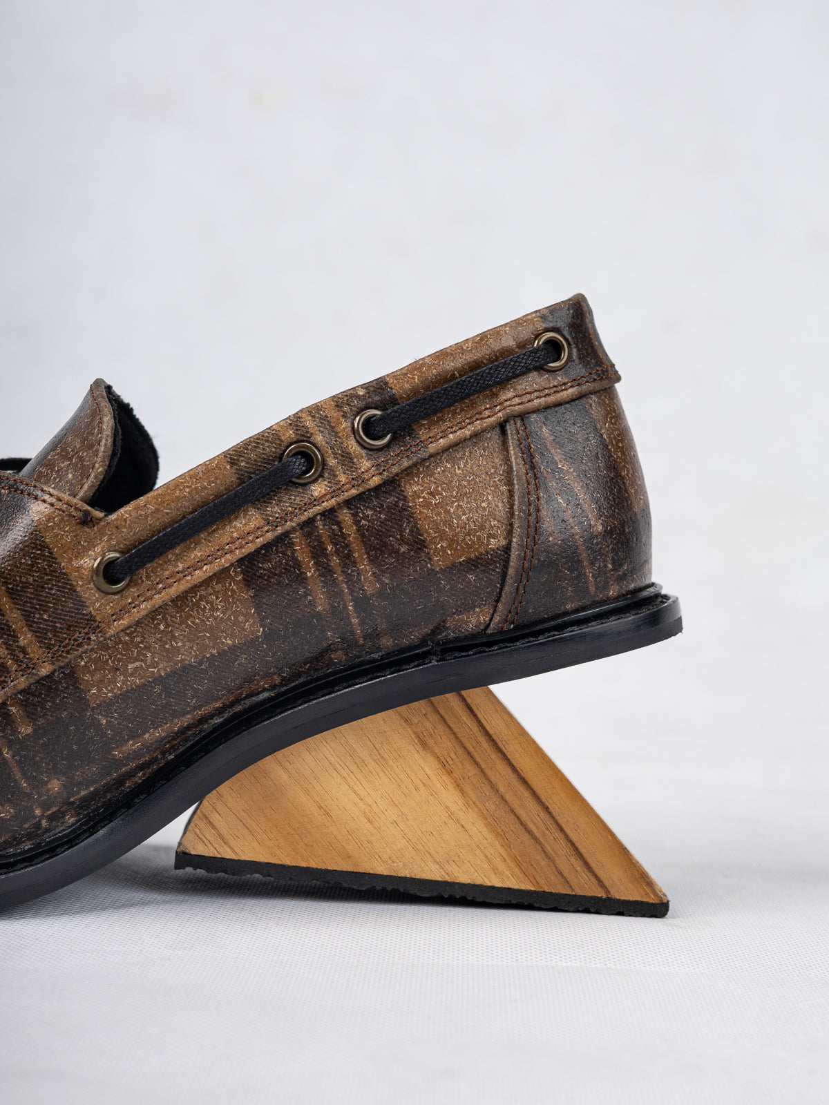 Brown Plaid Plant Leather & Wooden Bridge Heel Boat Shoes