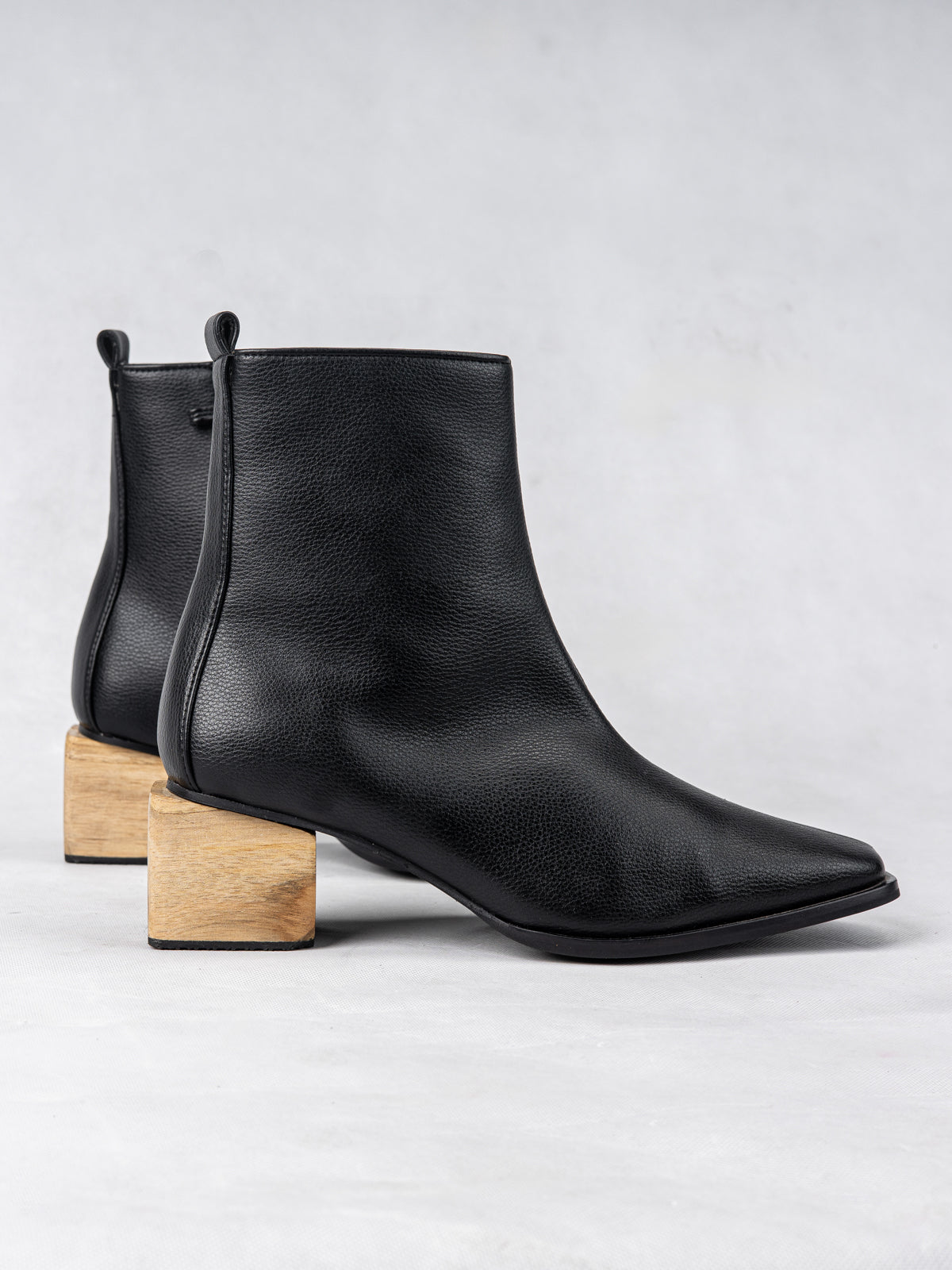 Onyx Black Plant Leather & Wooden Block Heel Ankle Boots