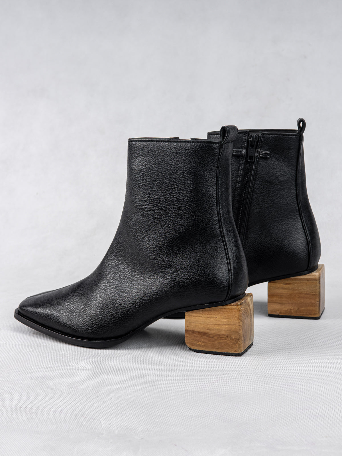 Onyx Black Plant Leather & Wooden Block Heel Ankle Boots