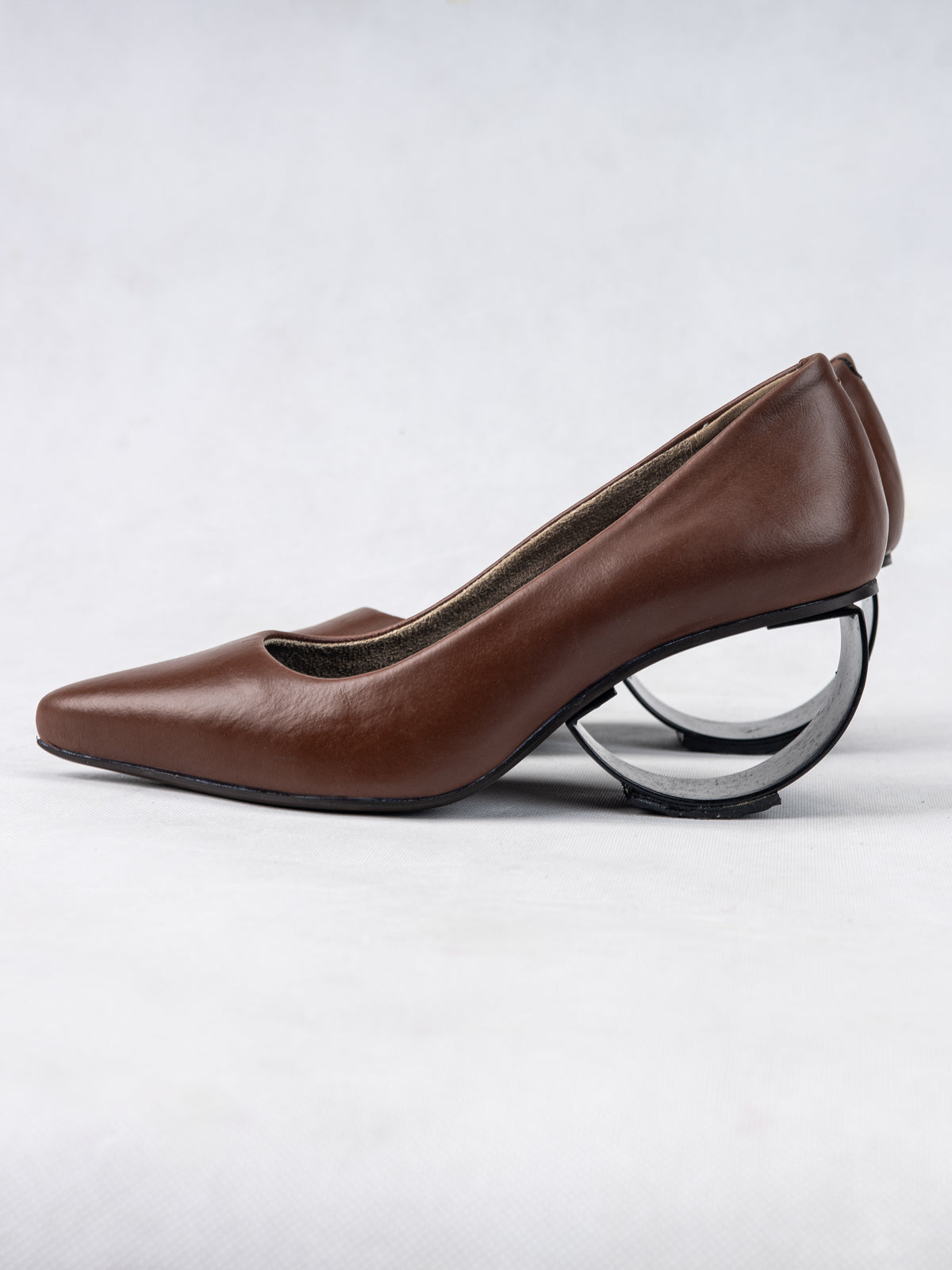 Cinnamon Vegan Leather & Steel Crescent Heel Pumps