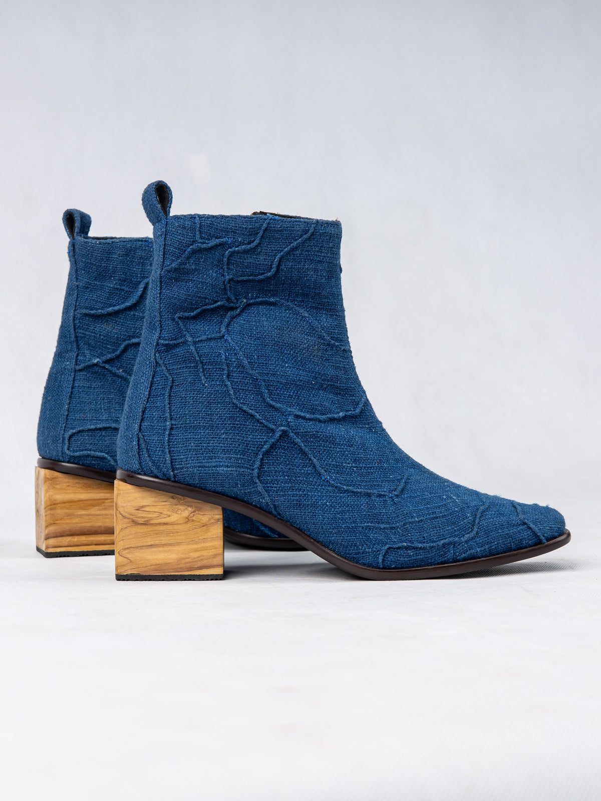 Indigo Blue Handwoven Cotton & Wooden Circular Heel Ankle Boots