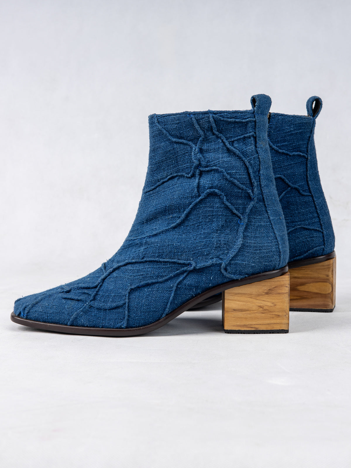 Indigo Blue Handwoven Cotton & Wooden Circular Heel Ankle Boots