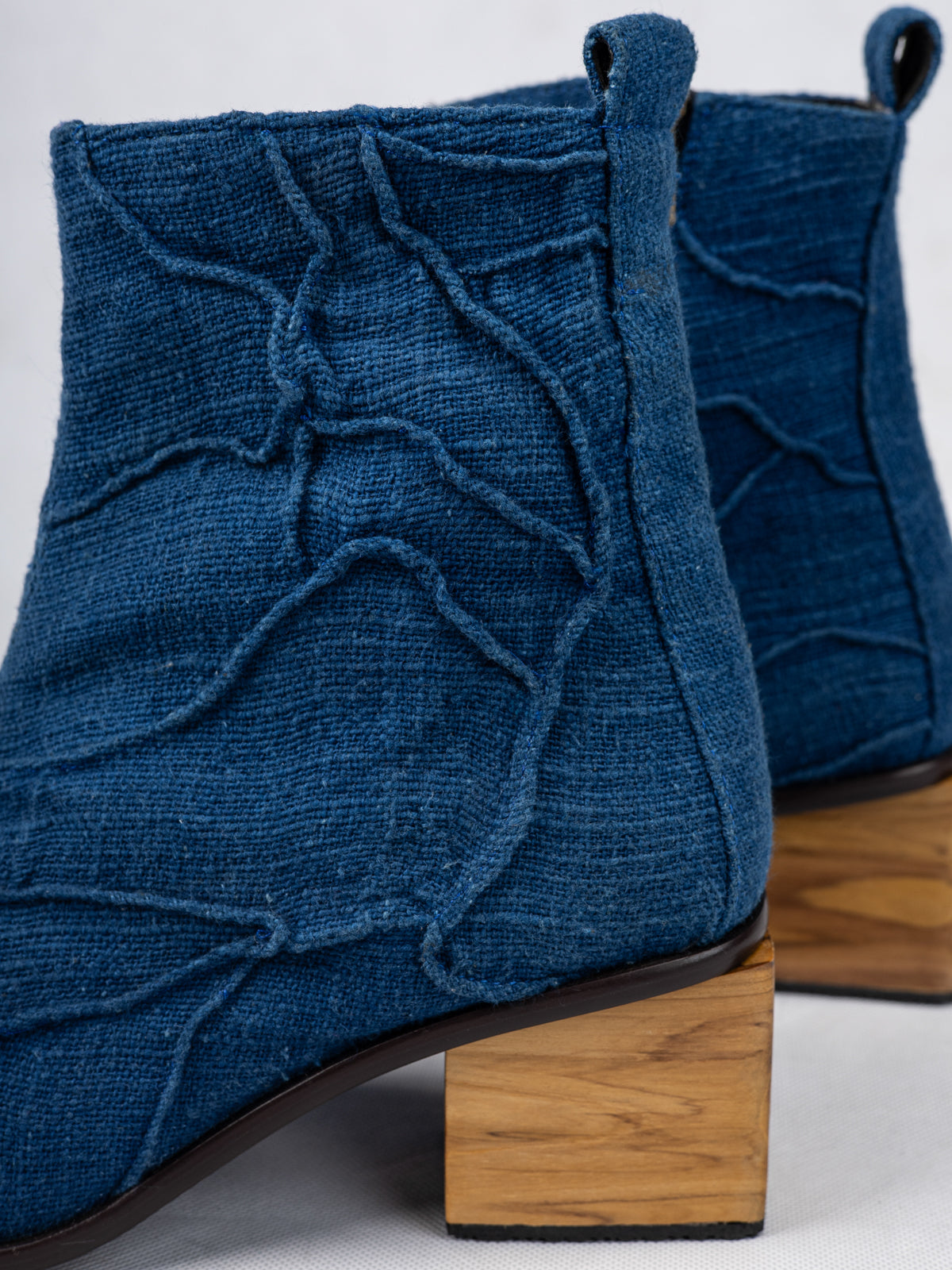 Indigo Blue Handwoven Cotton & Wooden Circular Heel Ankle Boots