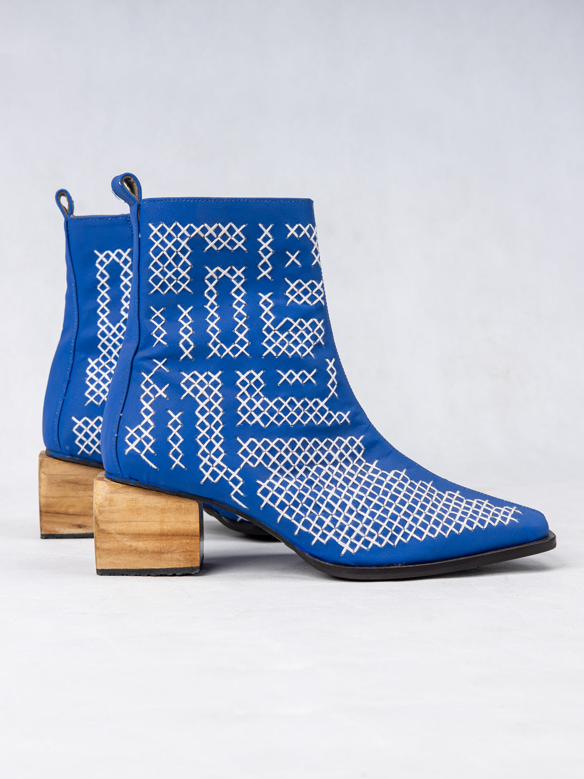 Embroidered Cobalt Blue Vegan Leather & Wooden Block Heel Ankle Boots