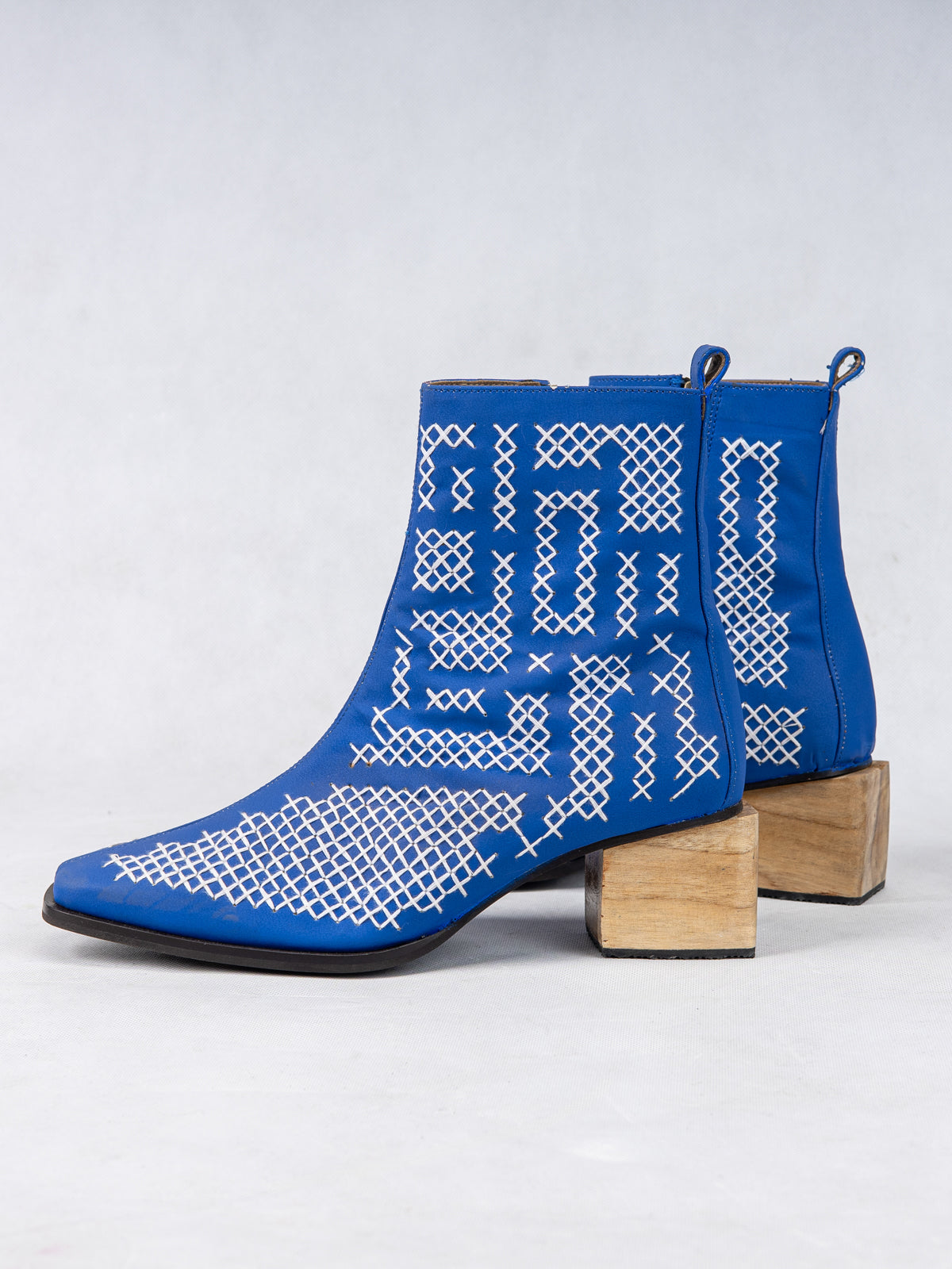 Embroidered Cobalt Blue Vegan Leather & Wooden Block Heel Ankle Boots