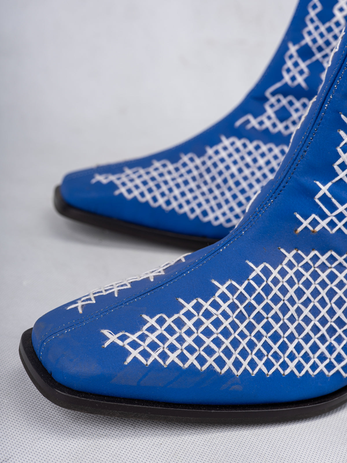 Embroidered Cobalt Blue Vegan Leather & Wooden Block Heel Ankle Boots