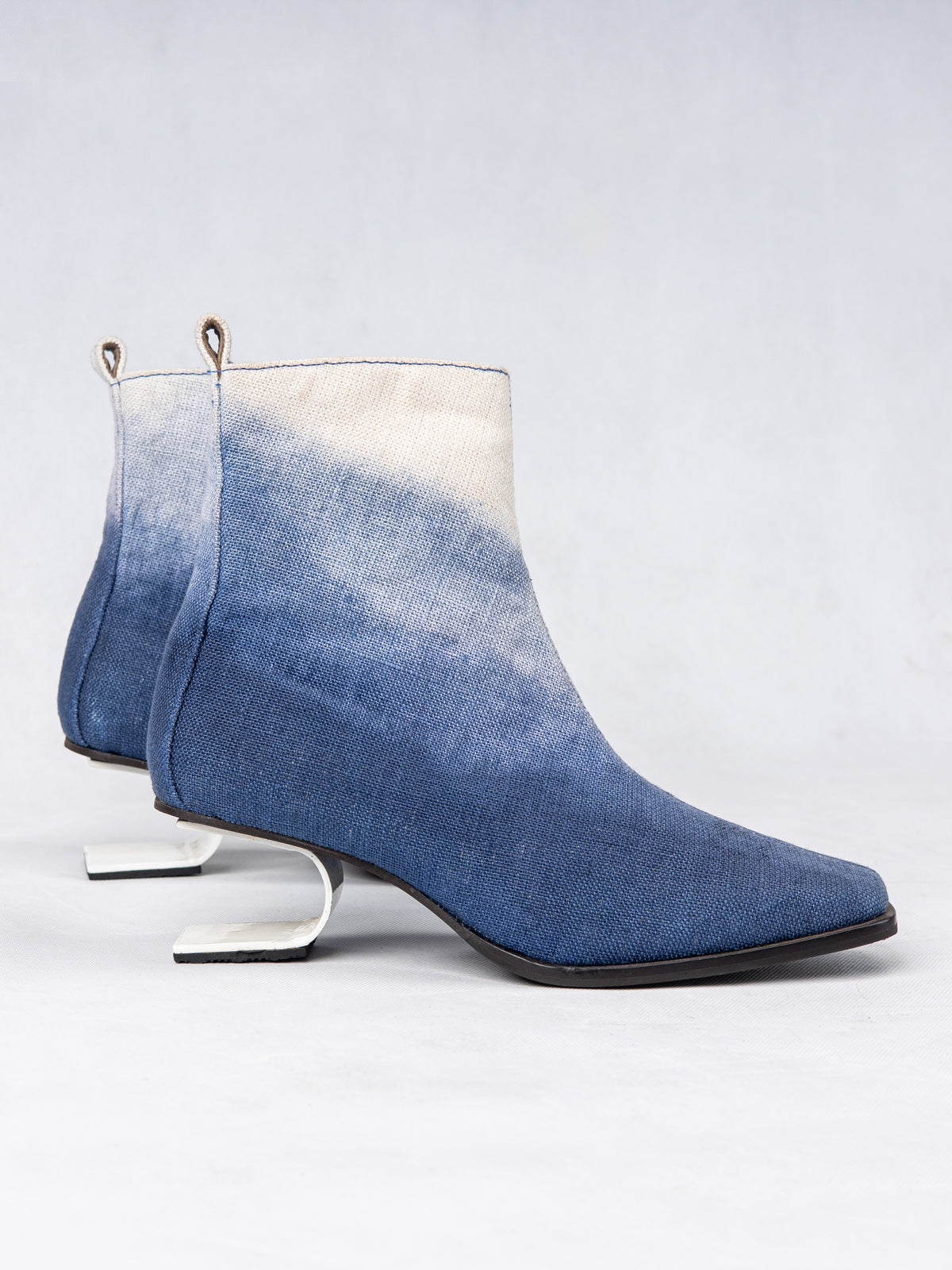 Blue & White Cotton and Stainless Steel Ankle Boots