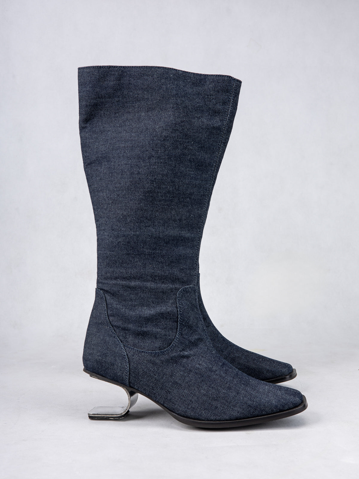 Mid Indigo Denim and Stainless Steel Knee Boots