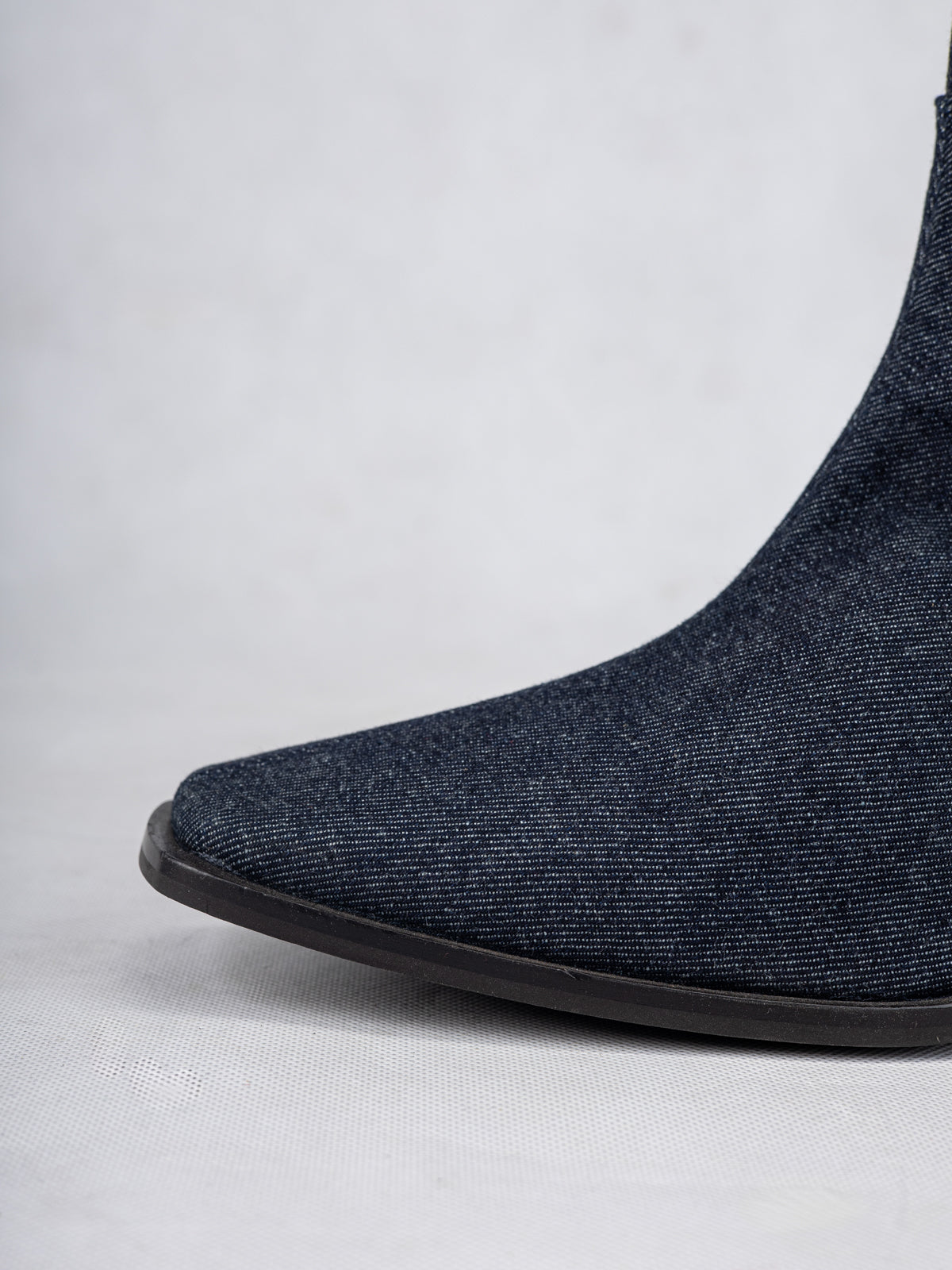 Mid Indigo Denim and Stainless Steel Knee Boots