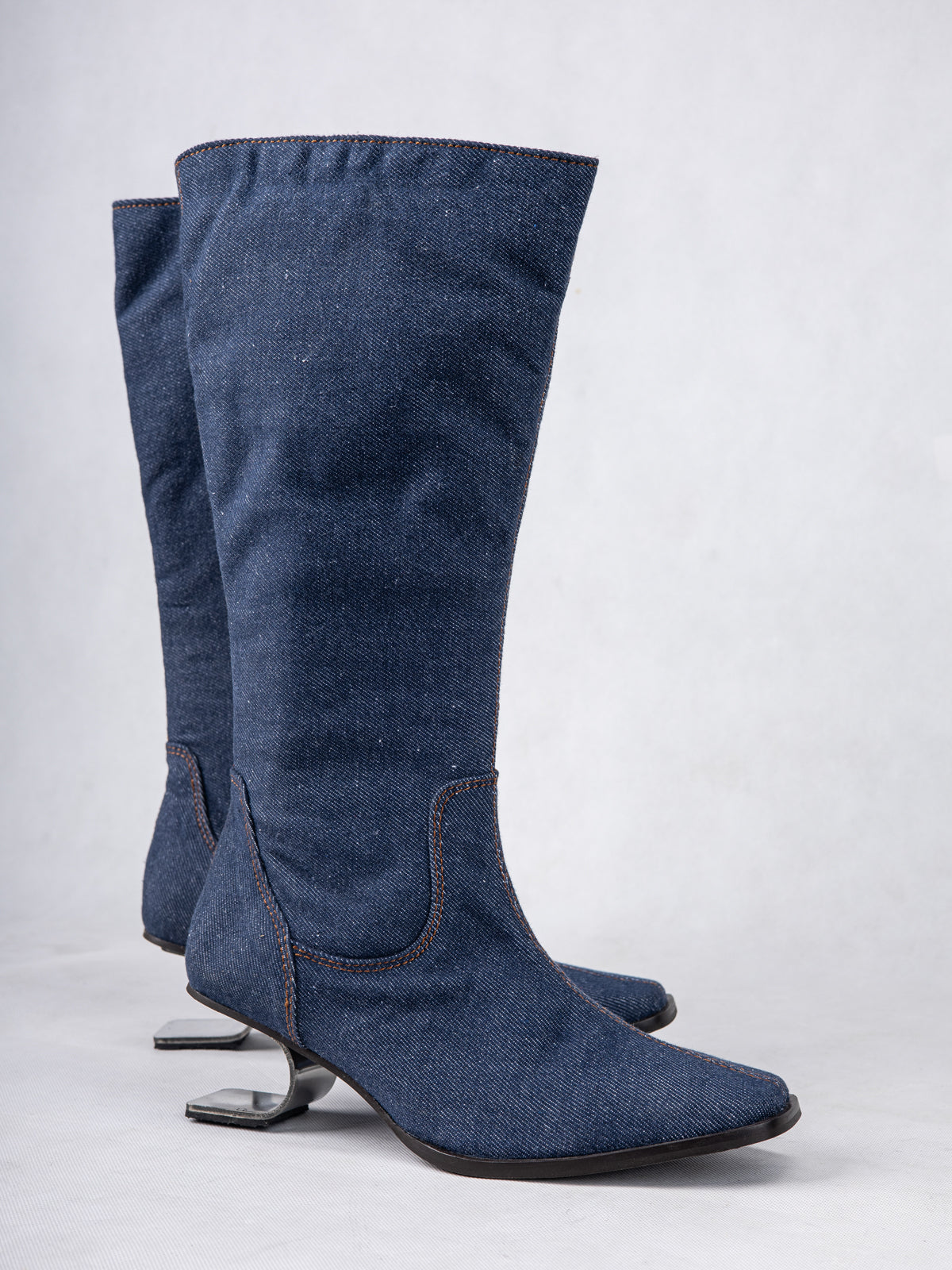Mid Indigo Denim and Stainless Steel Knee Boots
