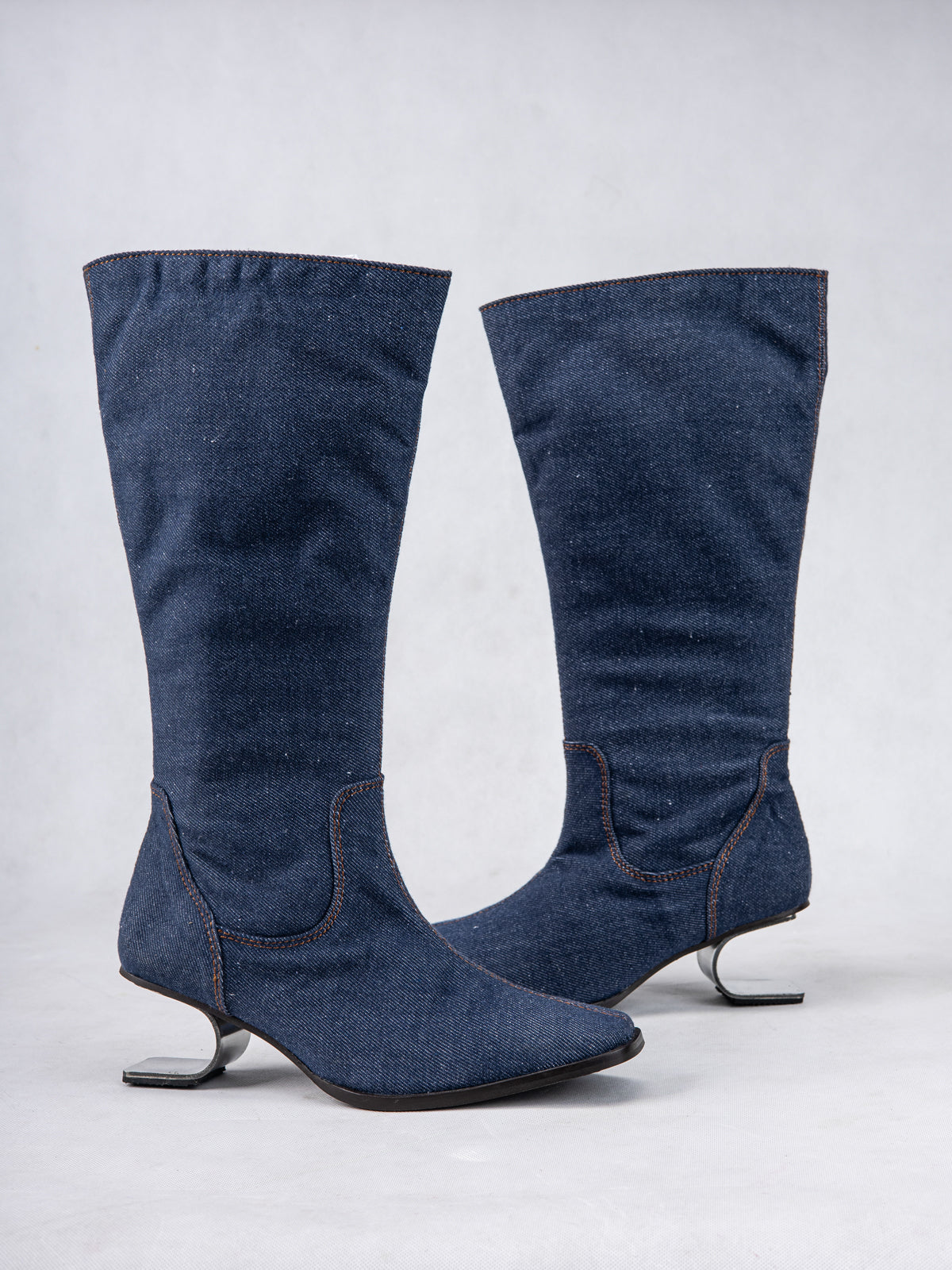 Mid Indigo Denim and Stainless Steel Knee Boots