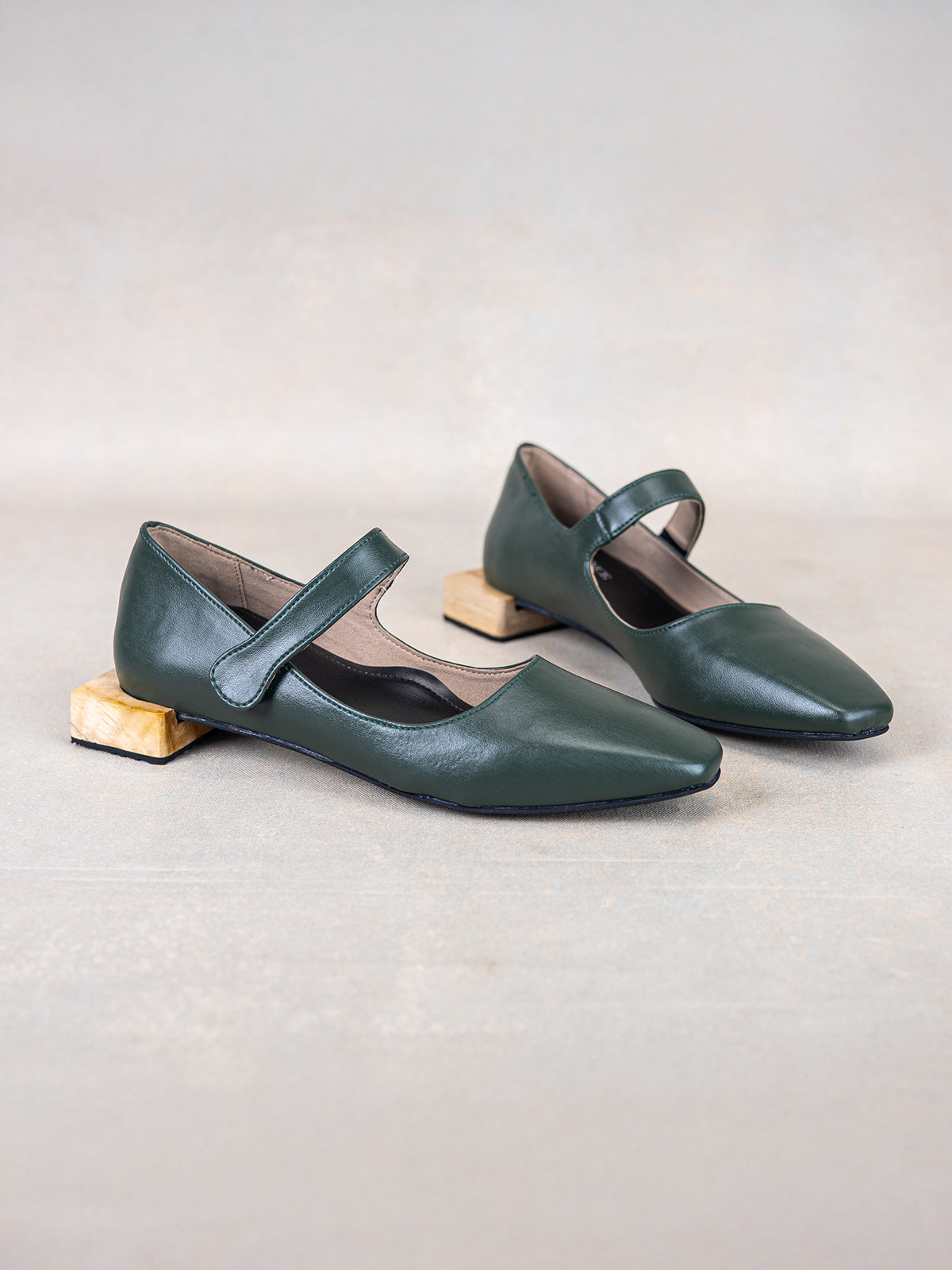 Onyx Black Plant Leather & Wooden Low Box Heel Flats