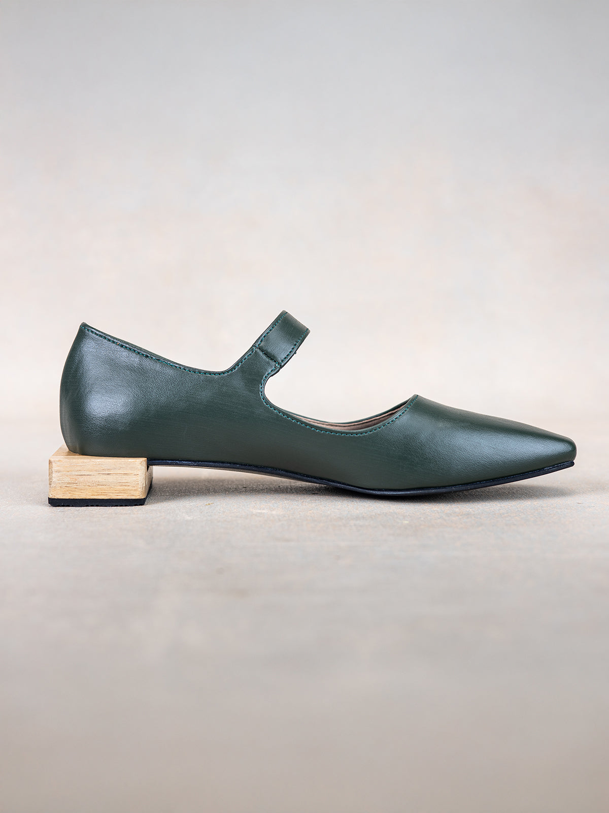 Onyx Black Plant Leather & Wooden Low Box Heel Flats