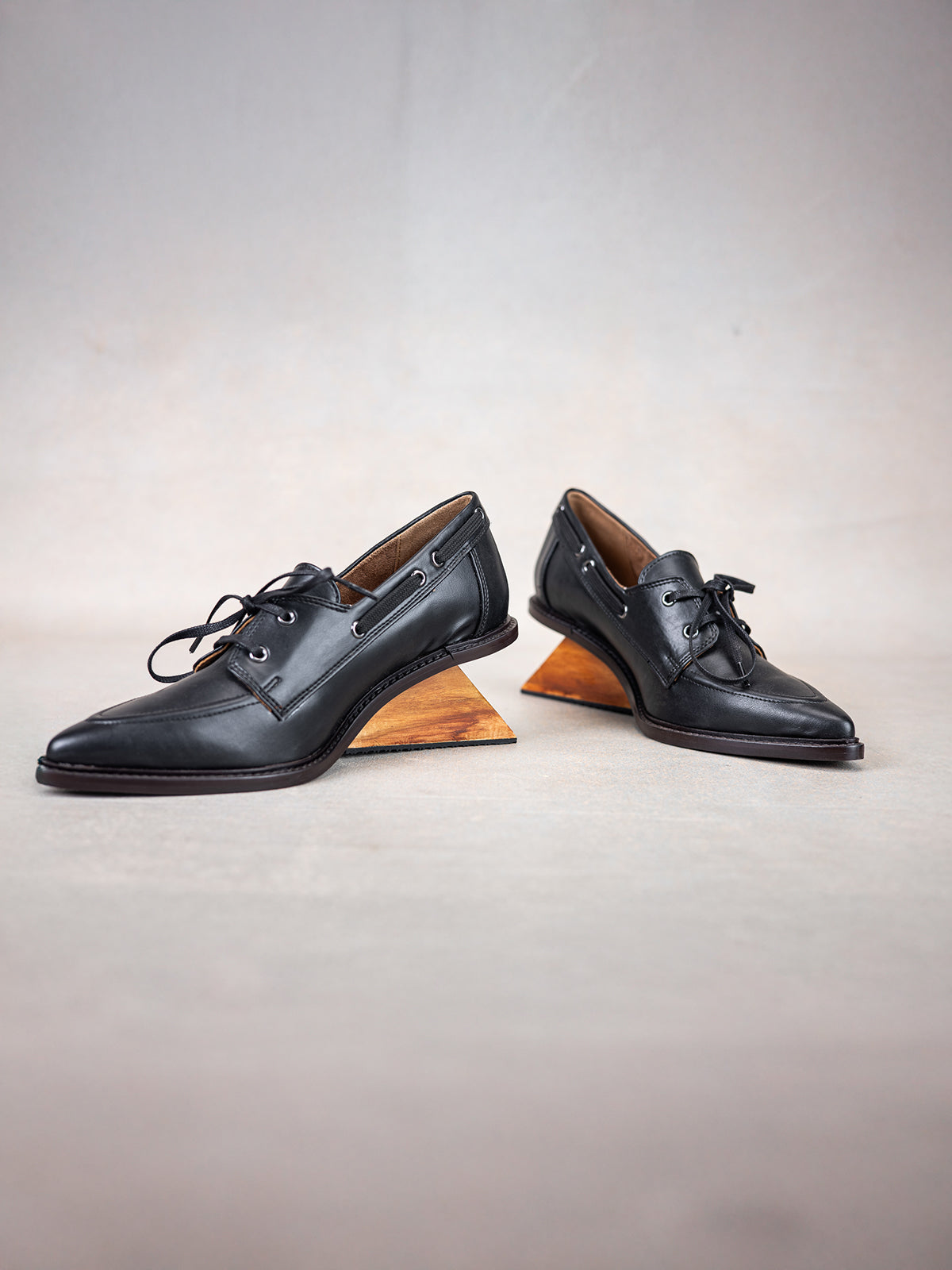 Black Plant Leather & Wooden Bridge Heel Boat Shoes