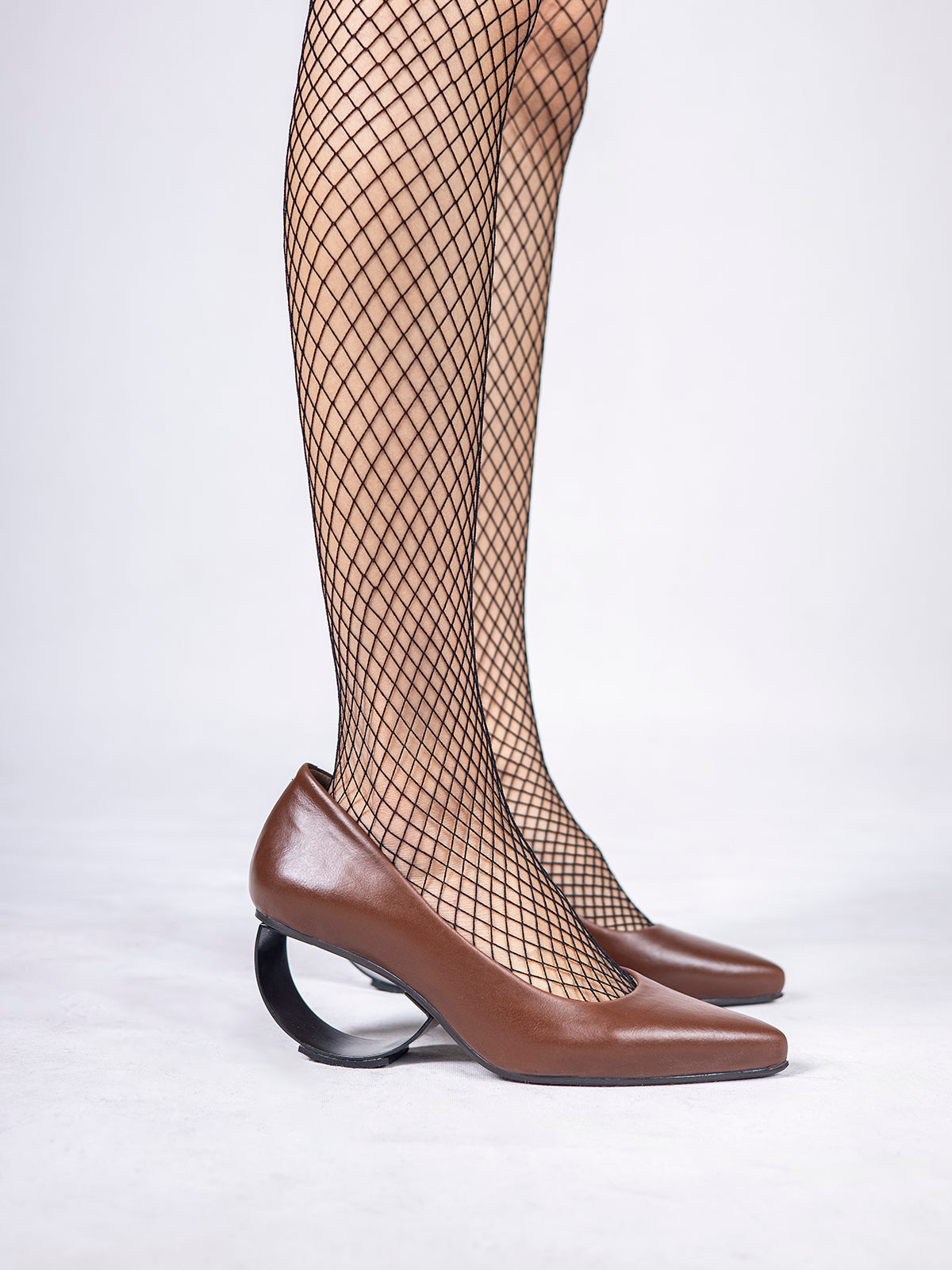 Cinnamon Vegan Leather & Steel Crescent Heel Pumps