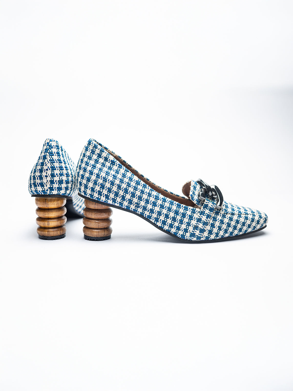 Blue Gingham Upcycled Fabric & Teak Wood Loafers