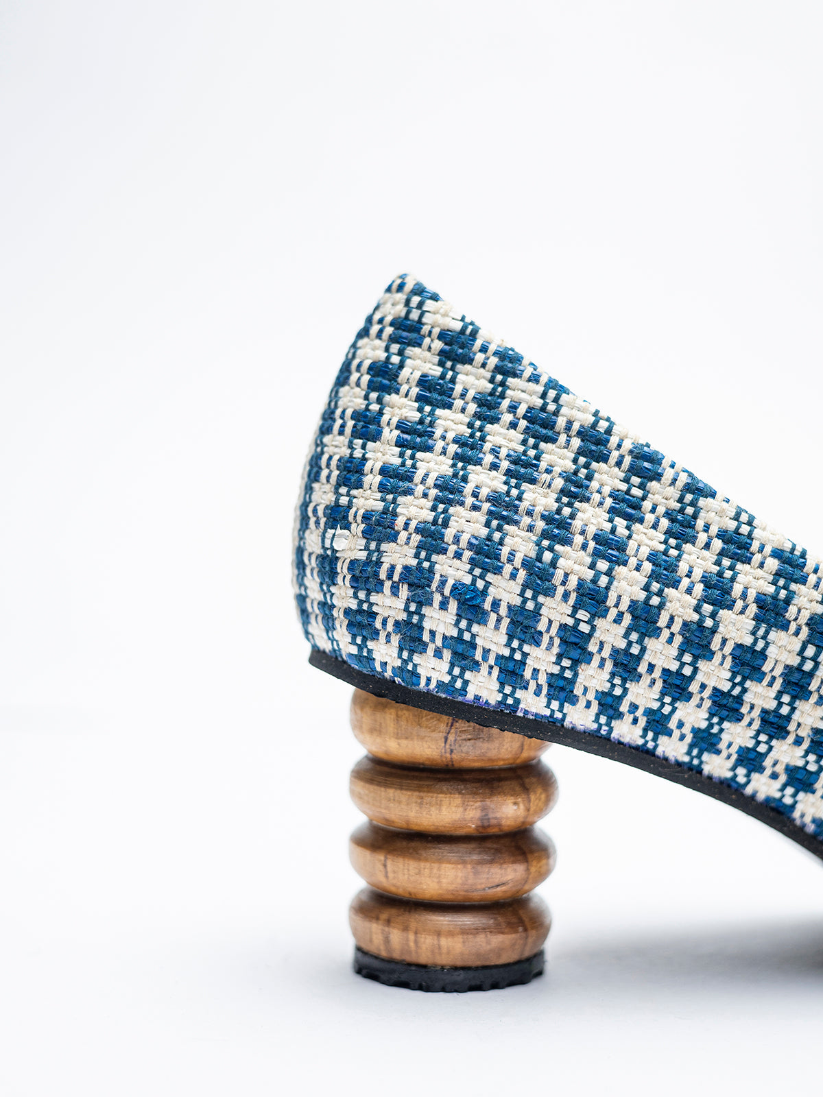 Blue Gingham Upcycled Fabric & Teak Wood Loafers