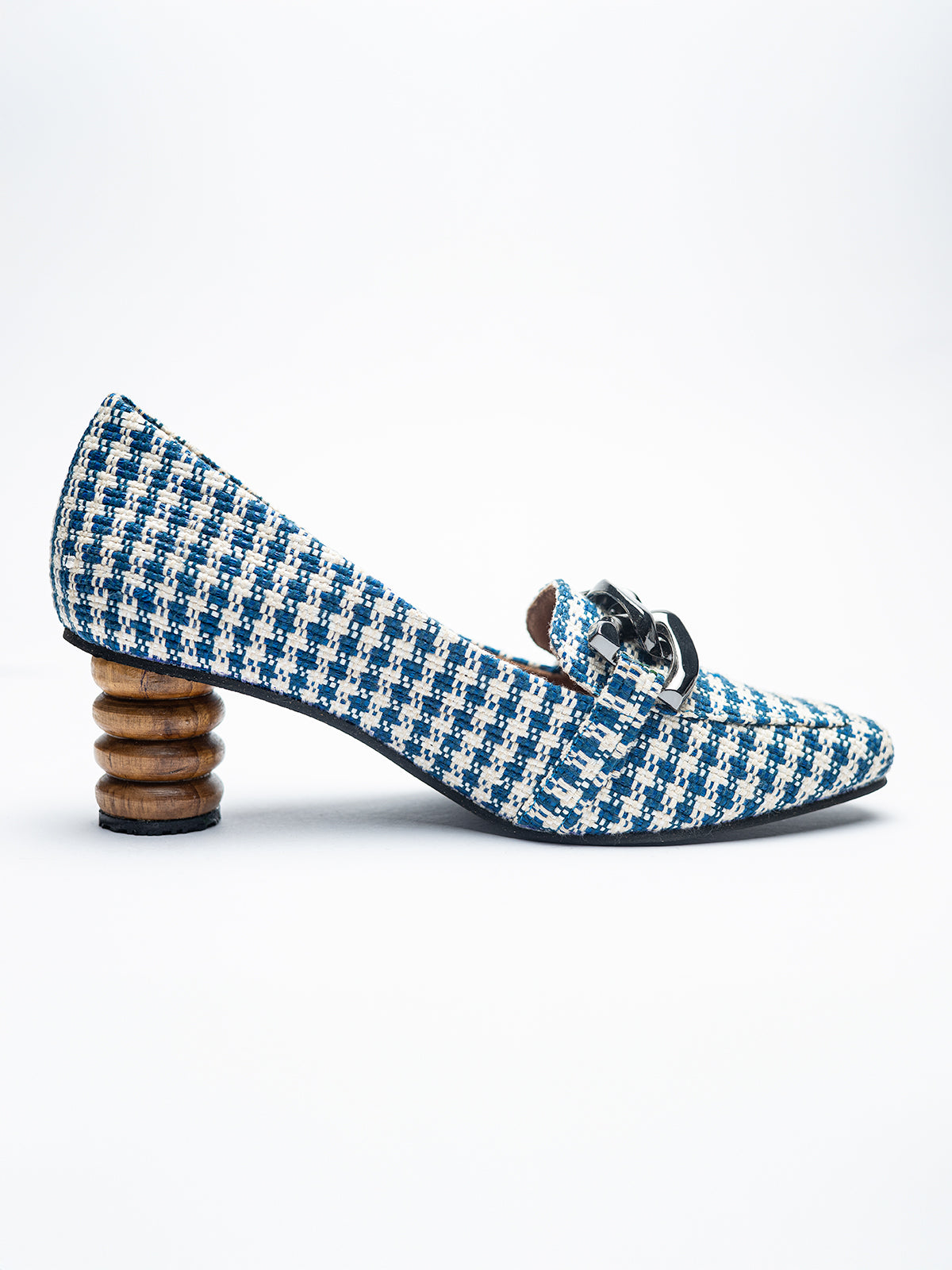 Blue Gingham Upcycled Fabric & Teak Wood Loafers