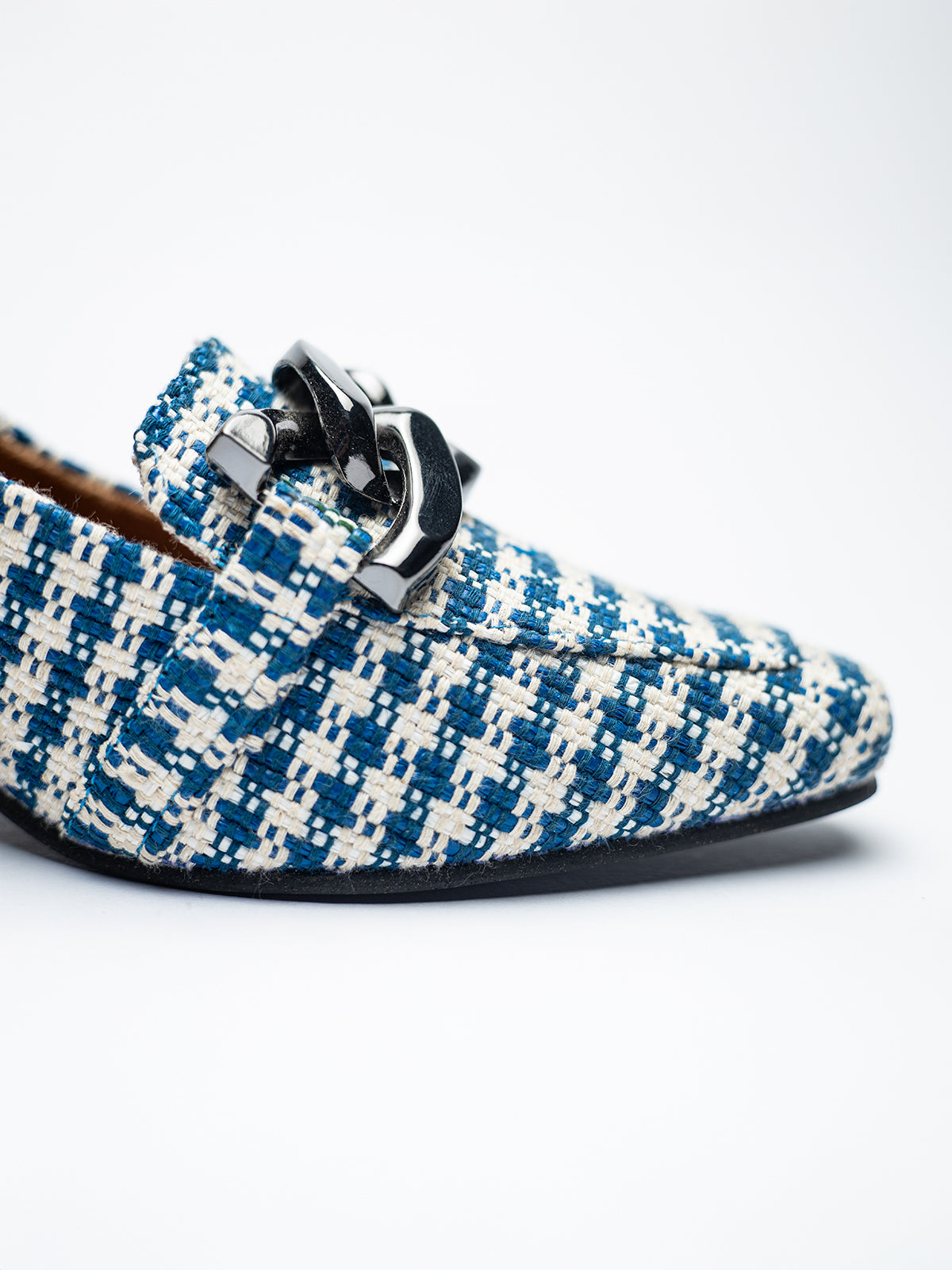 Blue Gingham Upcycled Fabric & Teak Wood Loafers