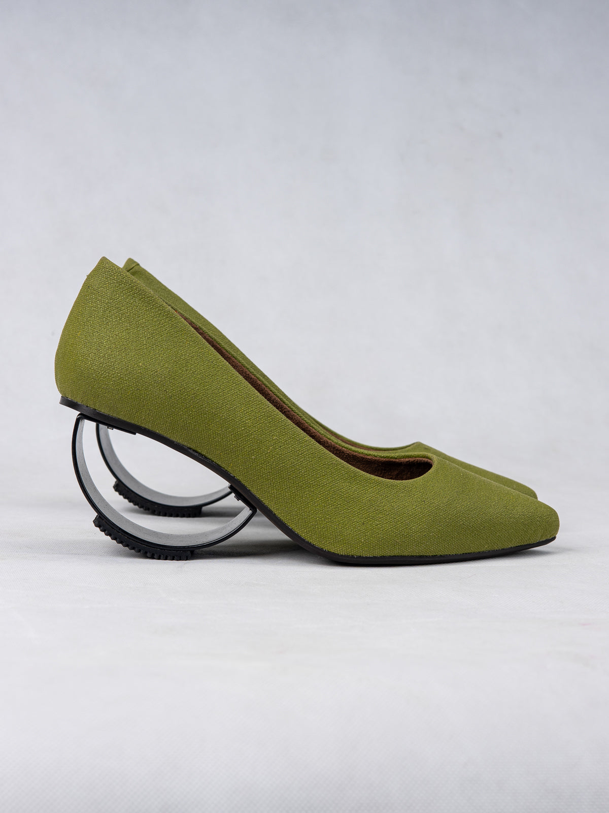 Lime Green Plant Leather & Steel Crescent Heel Pumps