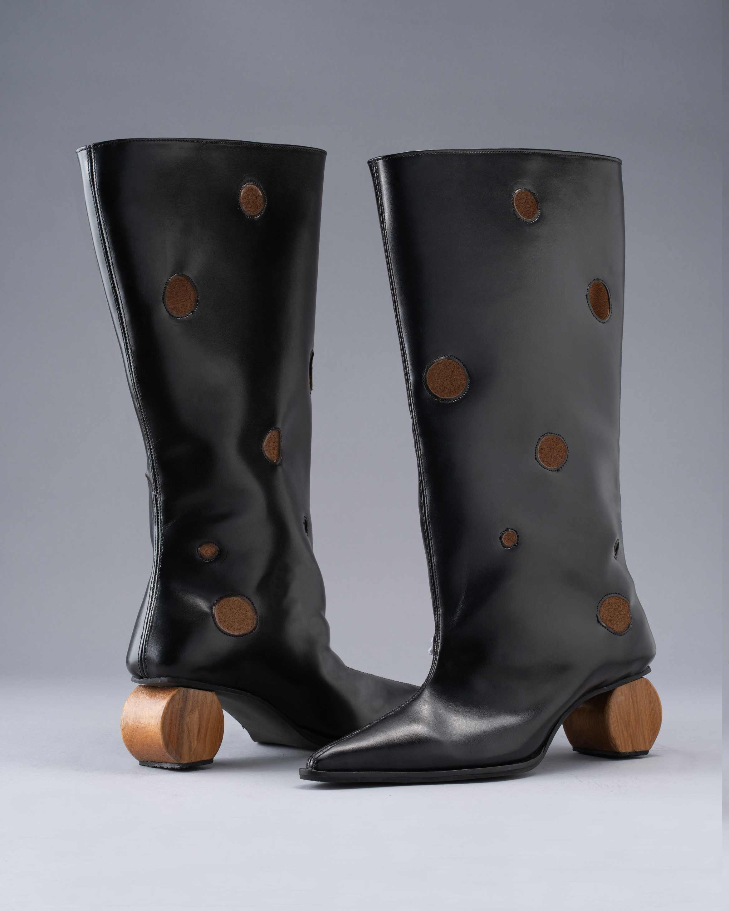 Pitch Black Boot with Laser Cutouts & Circular Wood Heel