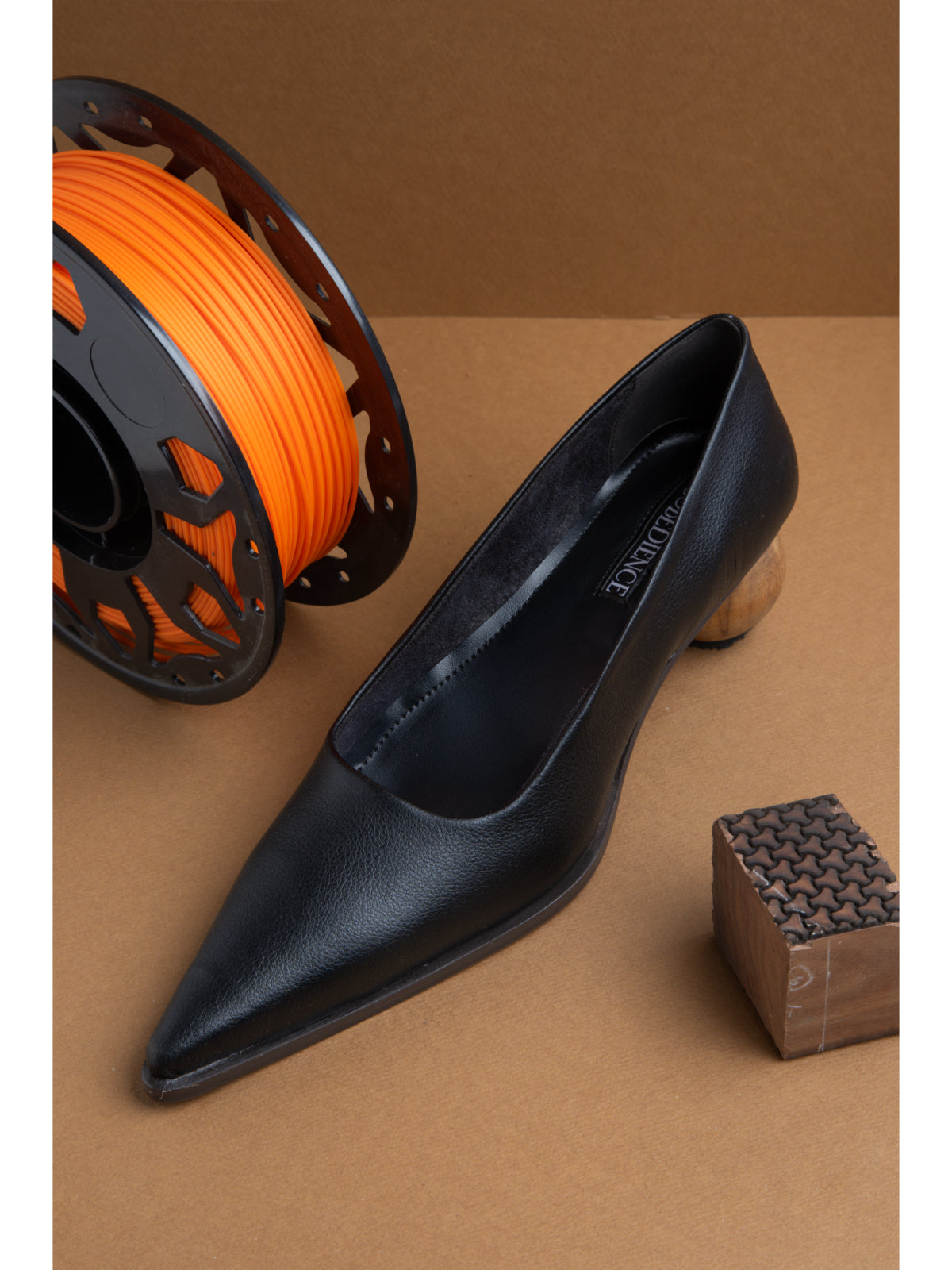 Smoky Black Plant Leather Pump with Spherical Wooden Heel