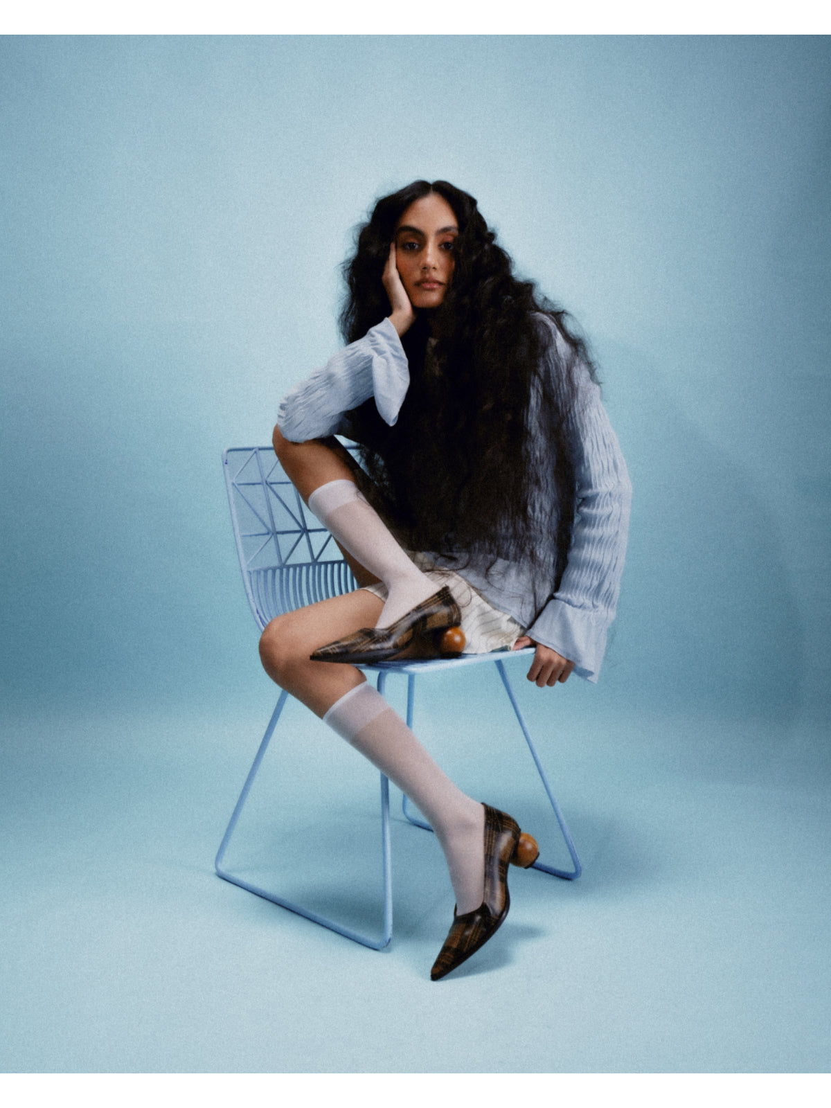 Plaid Pumps in Spherical Wooden Heel