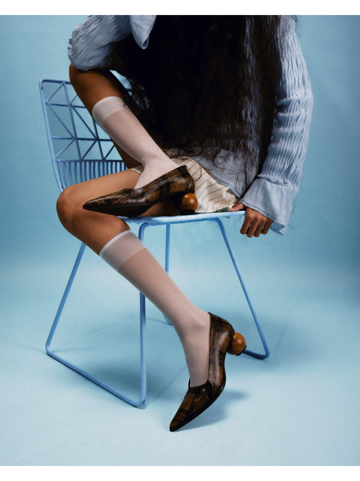 Plaid Pumps in Spherical Wooden Heel