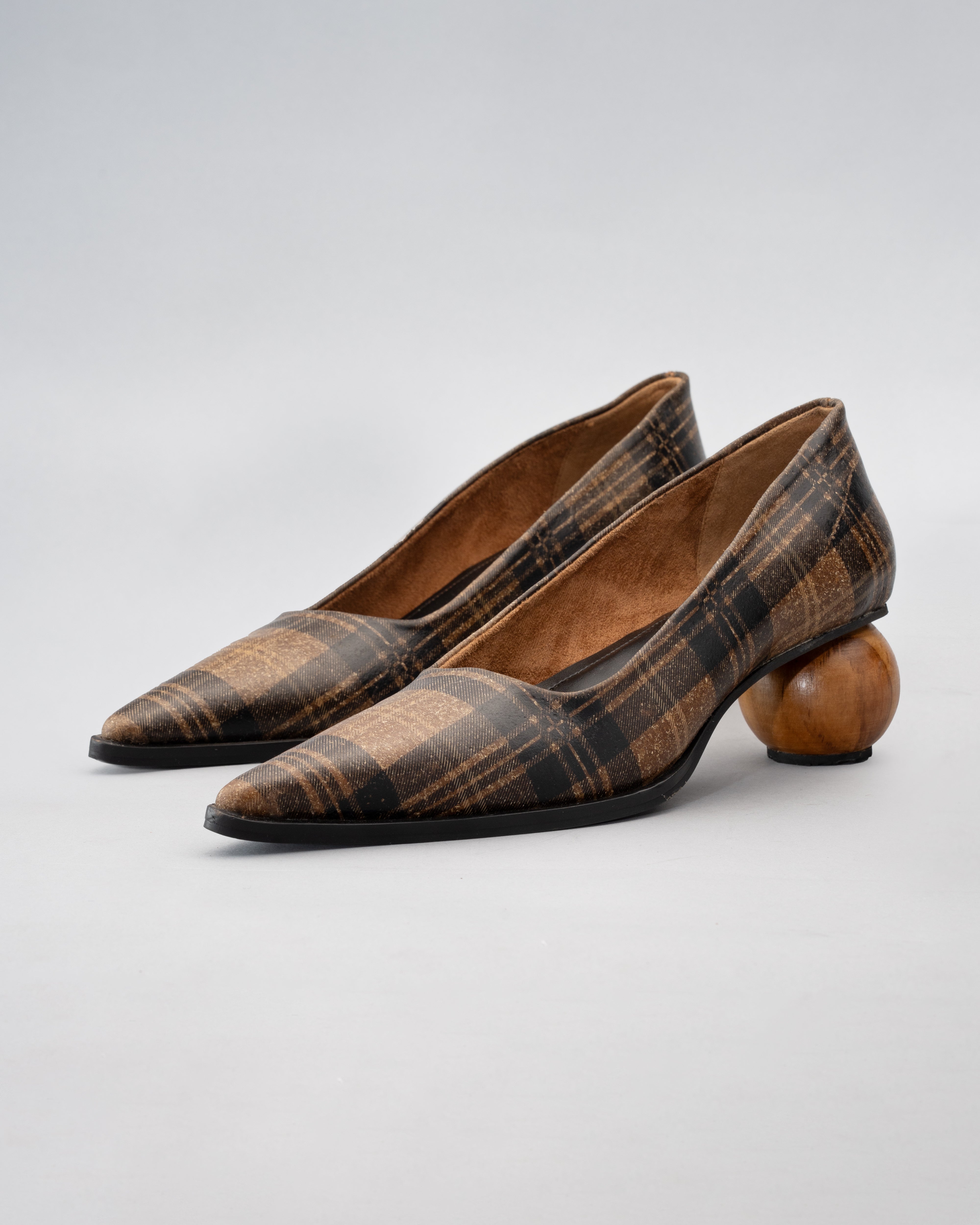 Black and Brown Plaid Print on Sugarcane Plant Leather with Spherical Wooden Heel