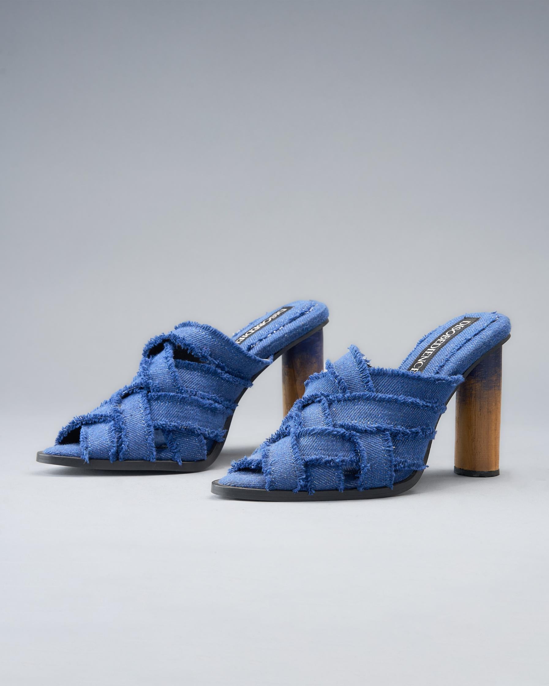 Handwoven Denim Mule Crafted from Recycled Cotton, and Hand-Built Teakwood Heel