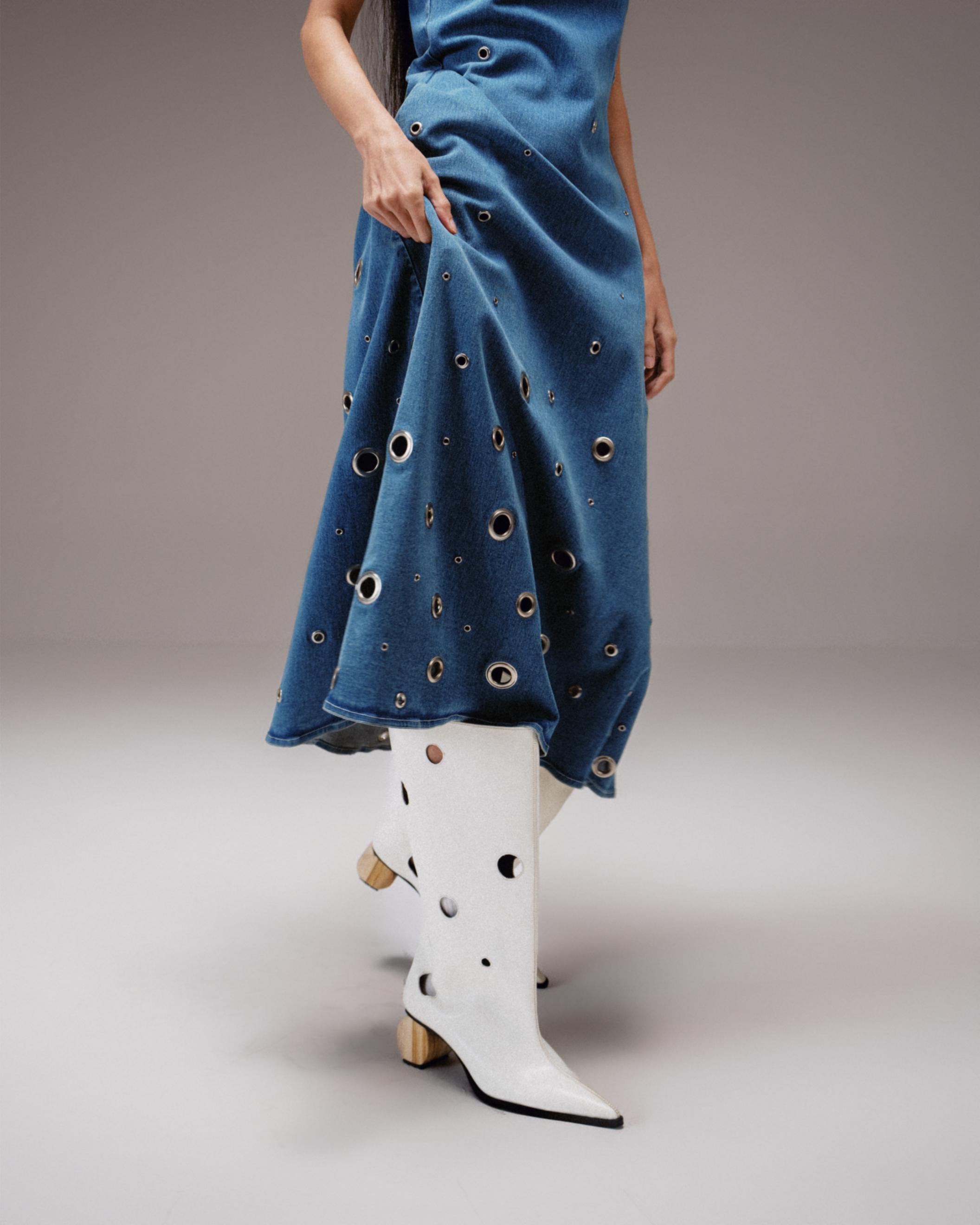 Tide White Boot with Laser Cutouts & Circular Wood Heel
