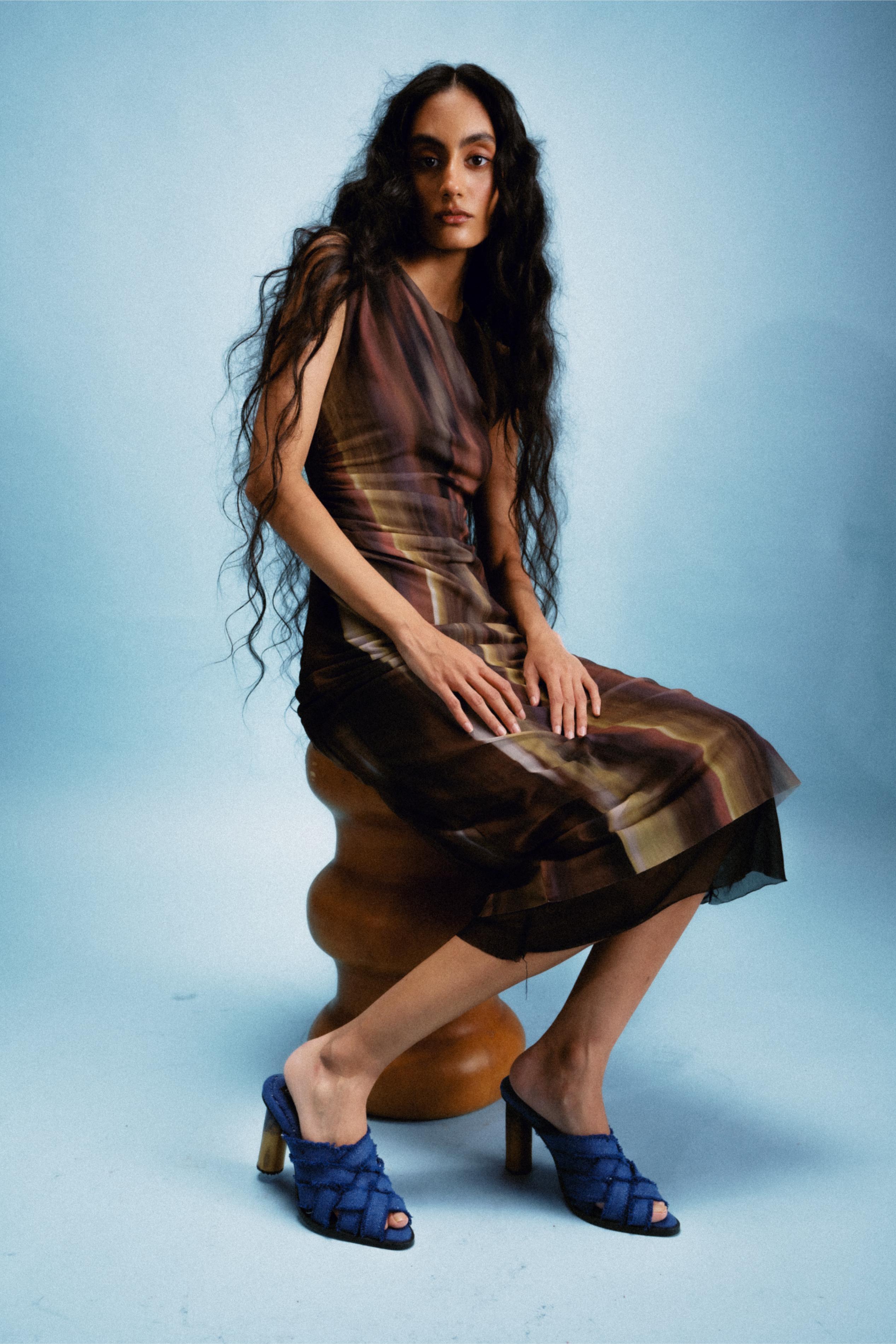 Handwoven Denim Mule Crafted from Recycled Cotton, and Hand-Built Teakwood Heel