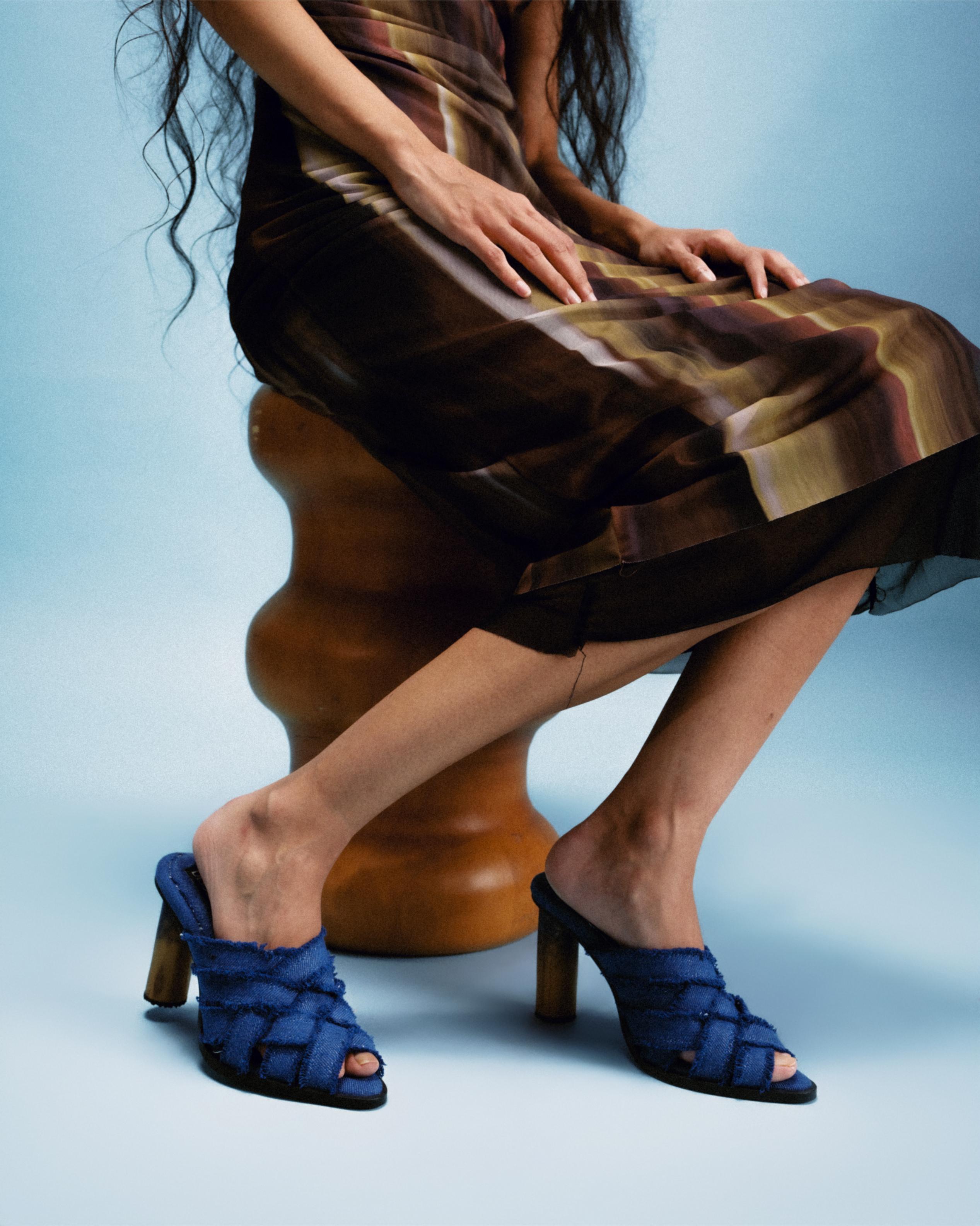 Handwoven Denim Mule Crafted from Recycled Cotton, and Hand-Built Teakwood Heel