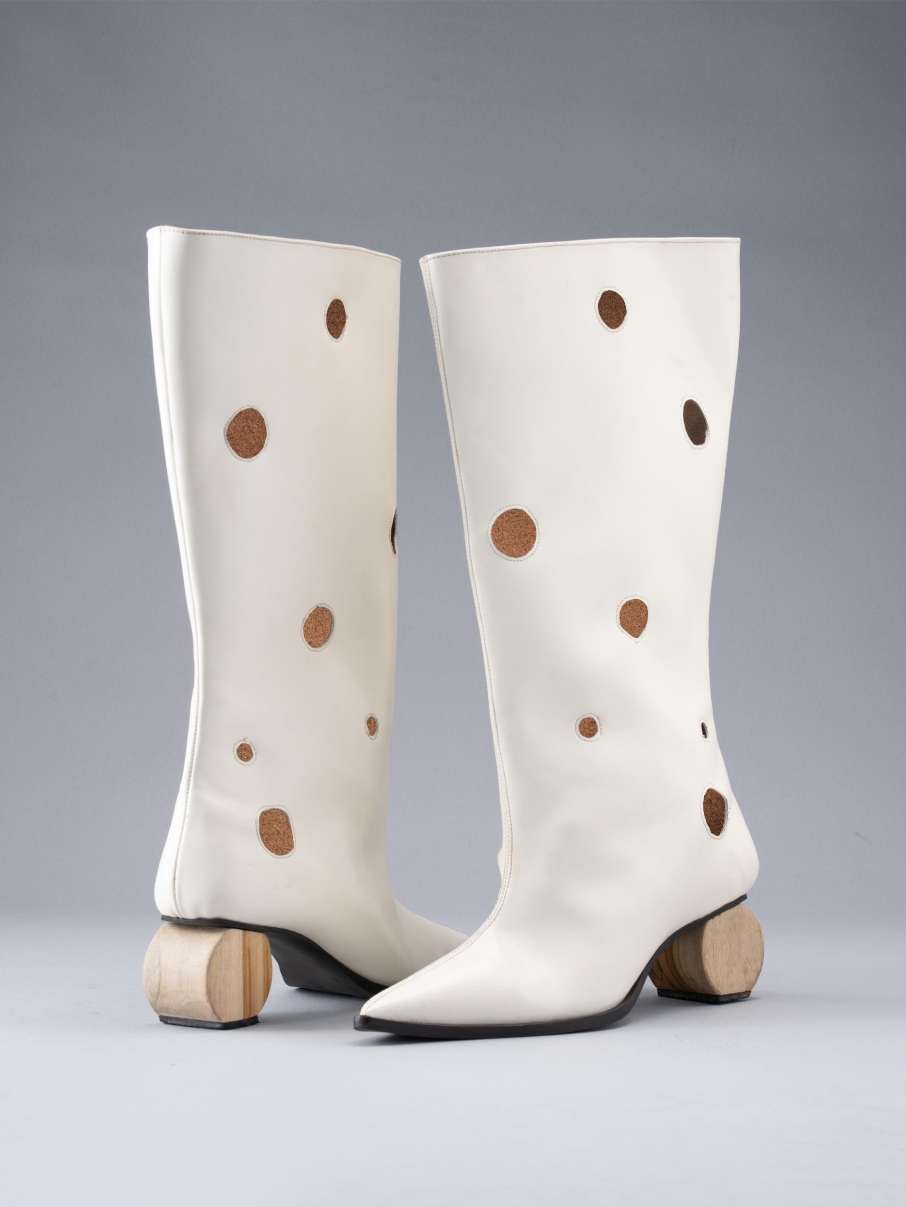 Tide White Boot with Laser Cutouts & Circular Wood Heel
