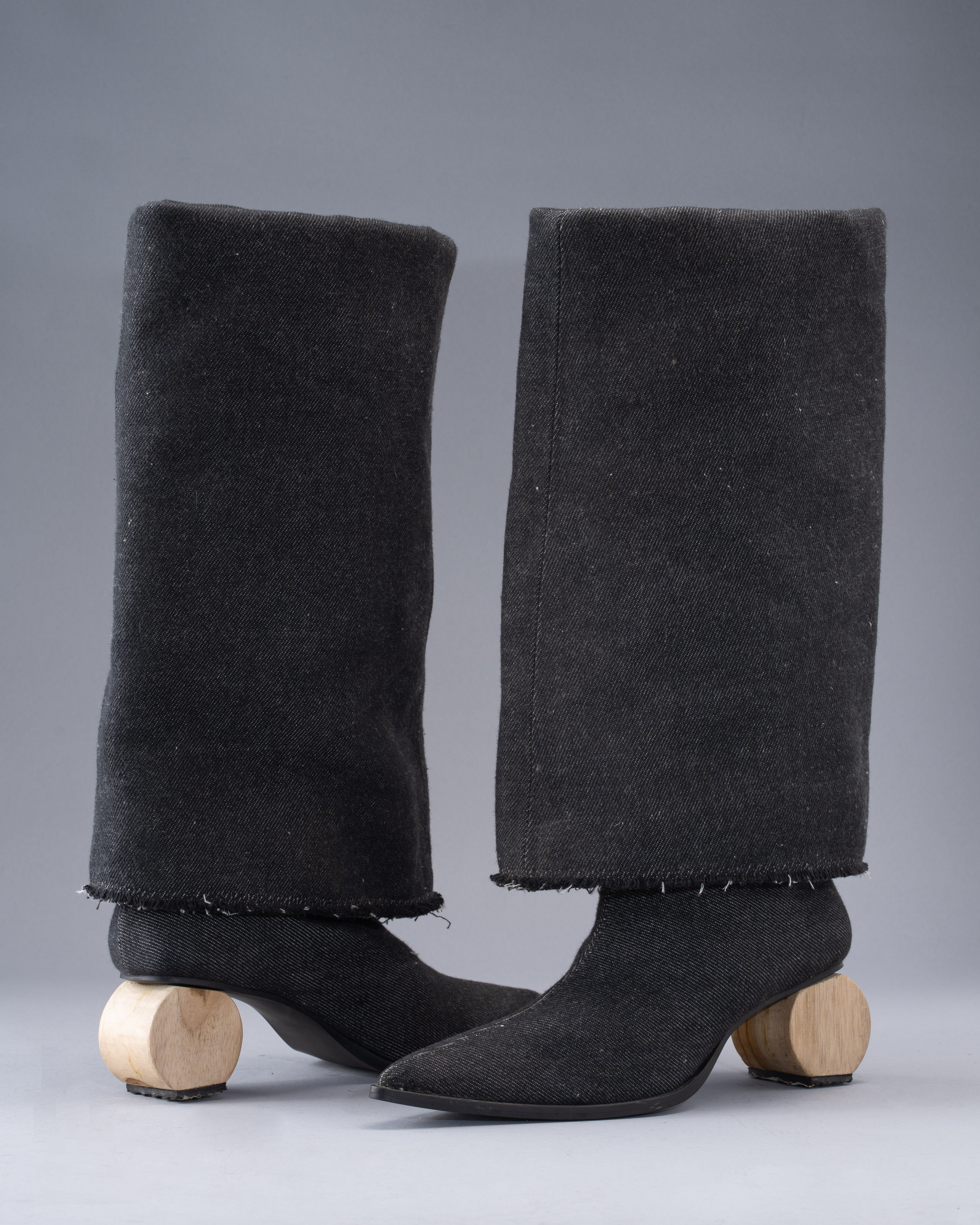 Smoky Black -Handwoven Denim Double Folded Long Boot