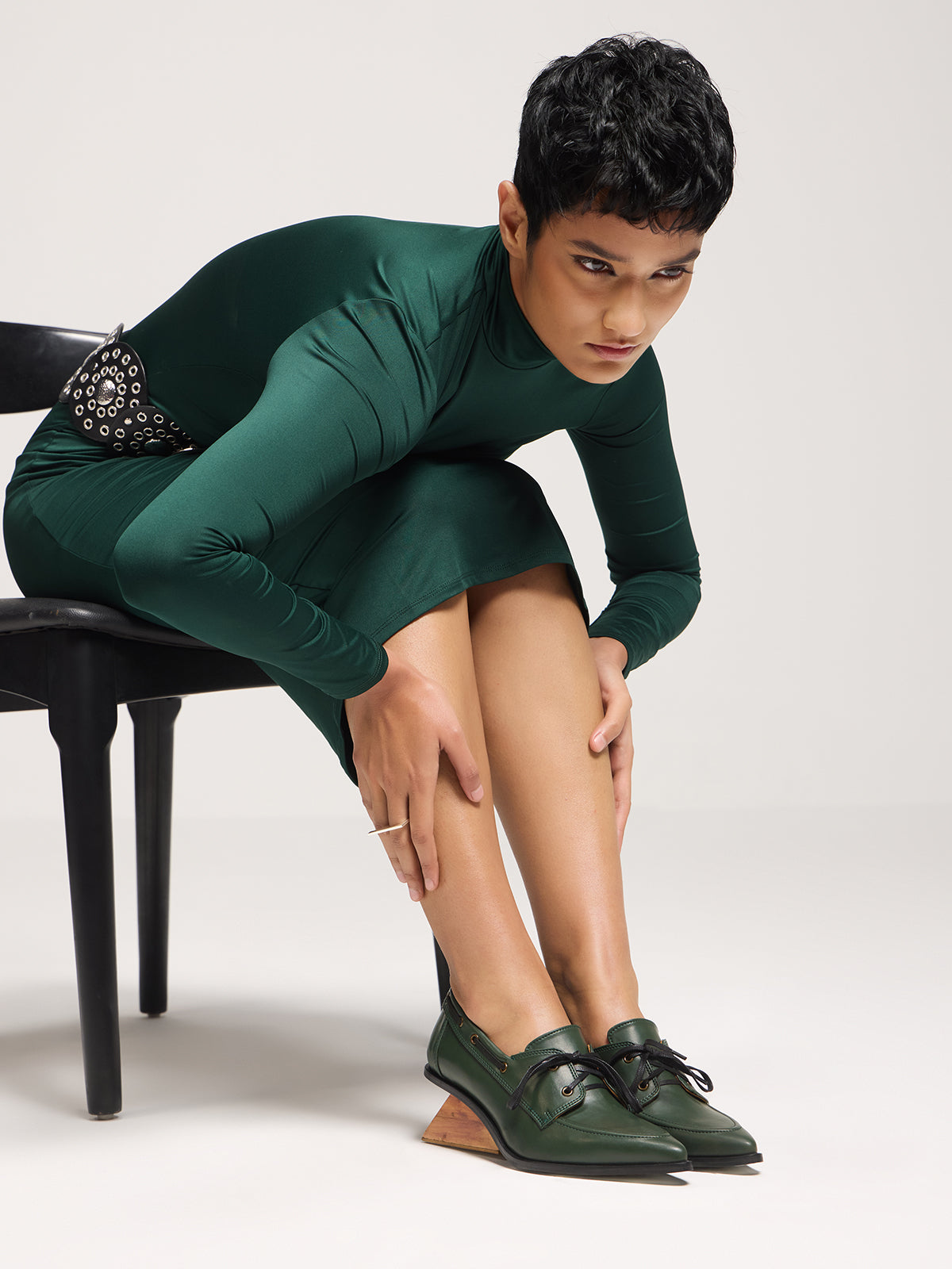 Forest Green Plant Leather & Wooden Bridge Heel Boat Shoes