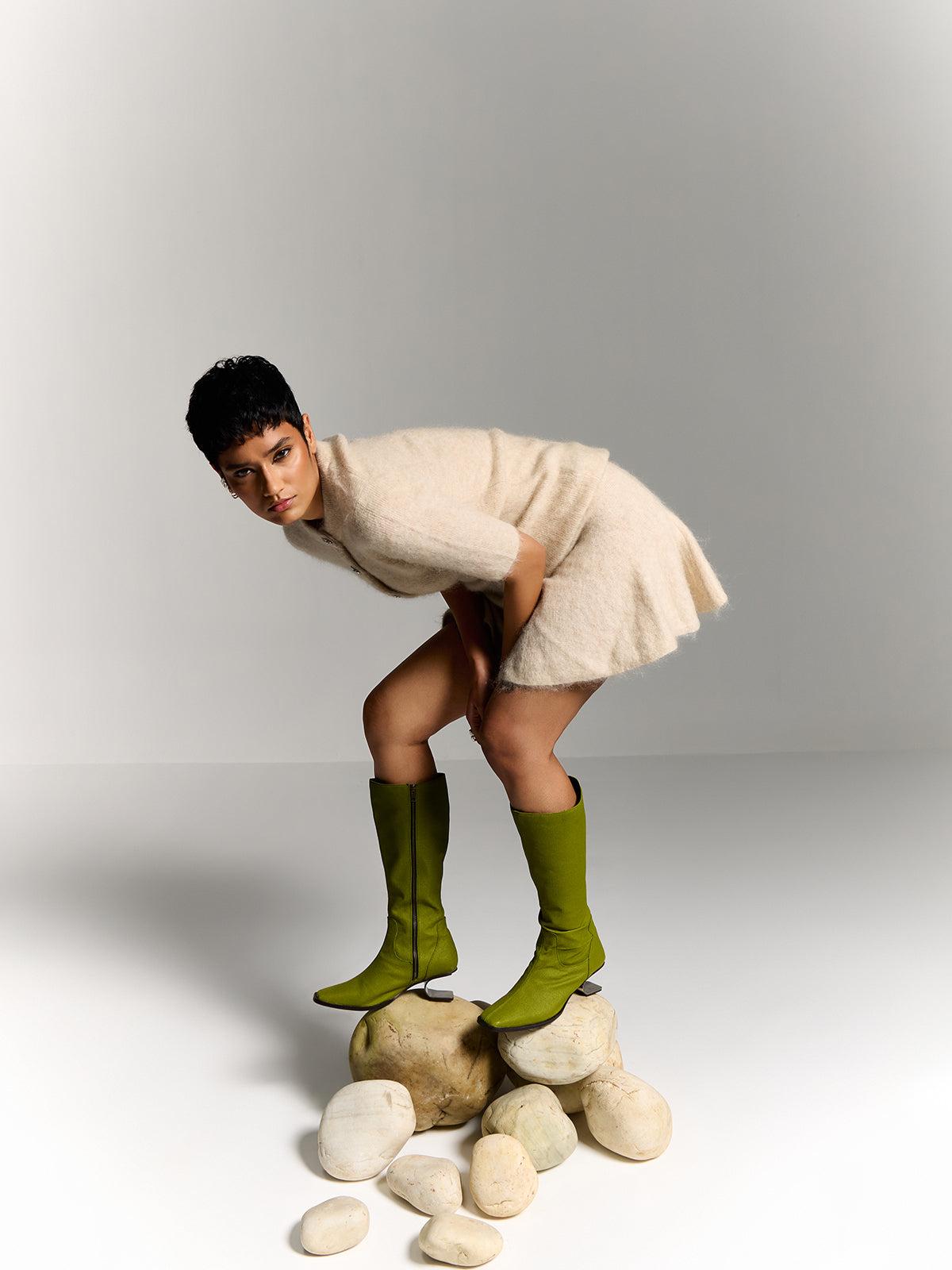 Lime Green Plant Leather and Stainless Steel Knee Boots