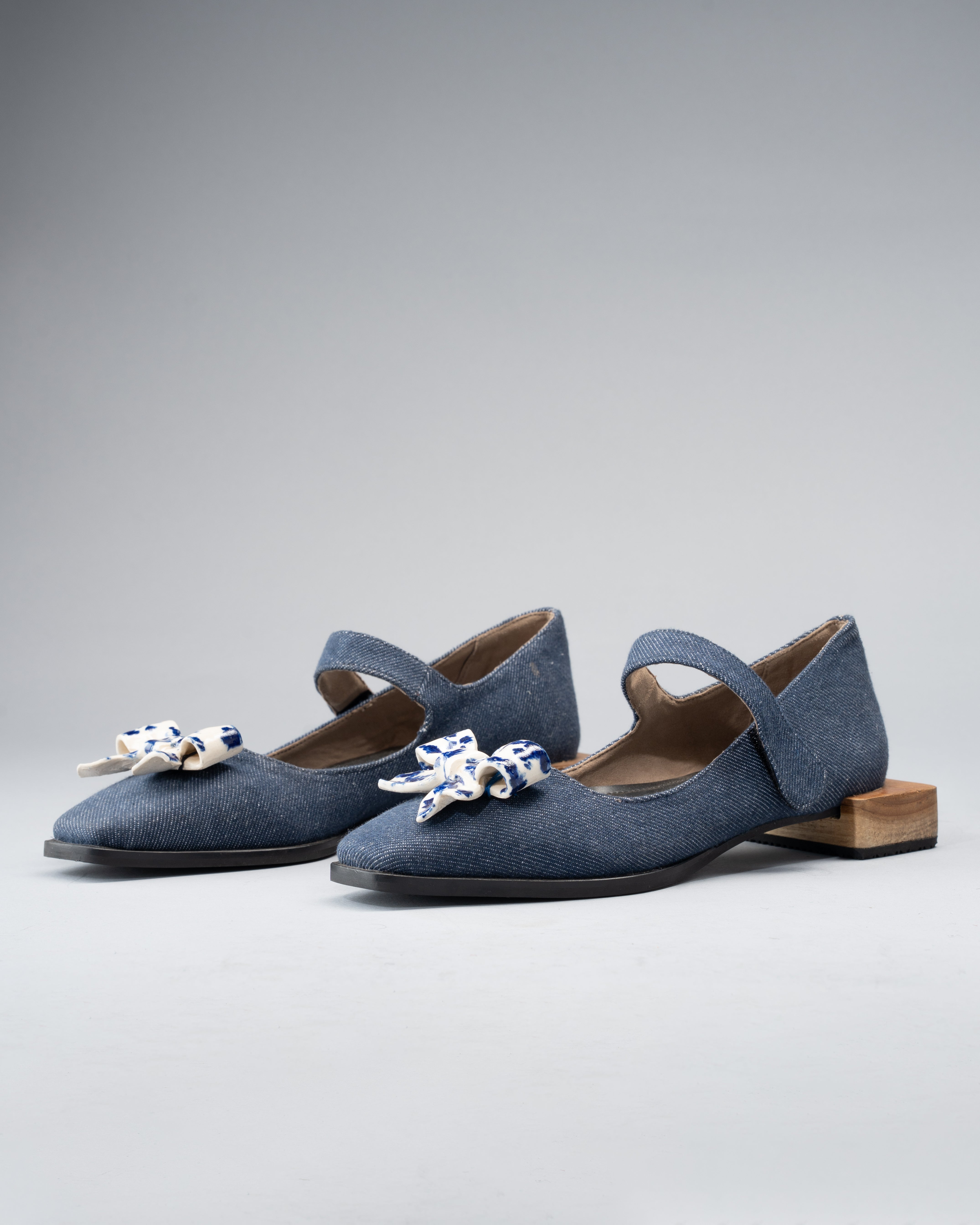 Handwoven Denim Shoe Crafted from Recycled Cotton, & Hand-Made Ceramic Bow