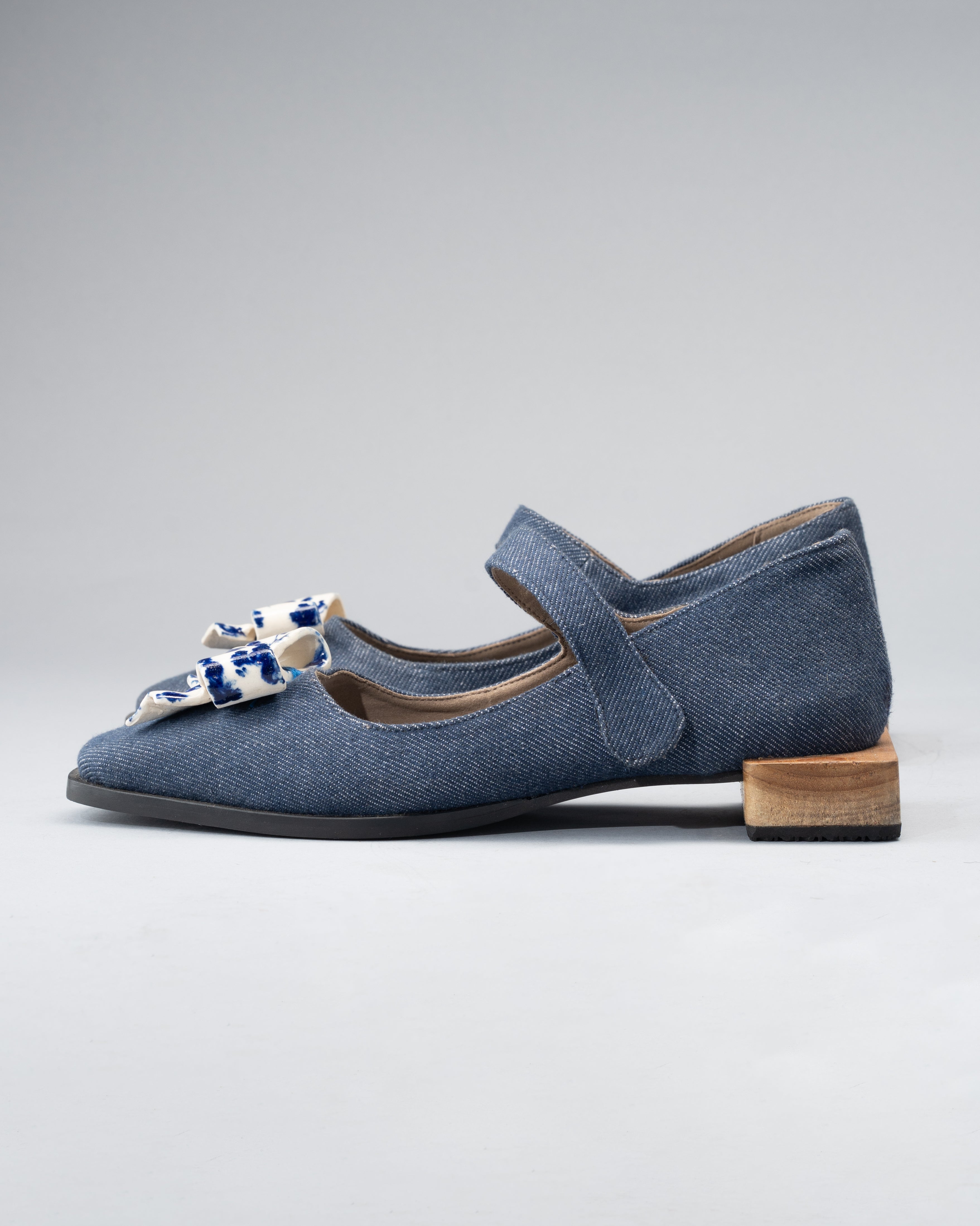 Handwoven Denim Shoe Crafted from Recycled Cotton, & Hand-Made Ceramic Bow