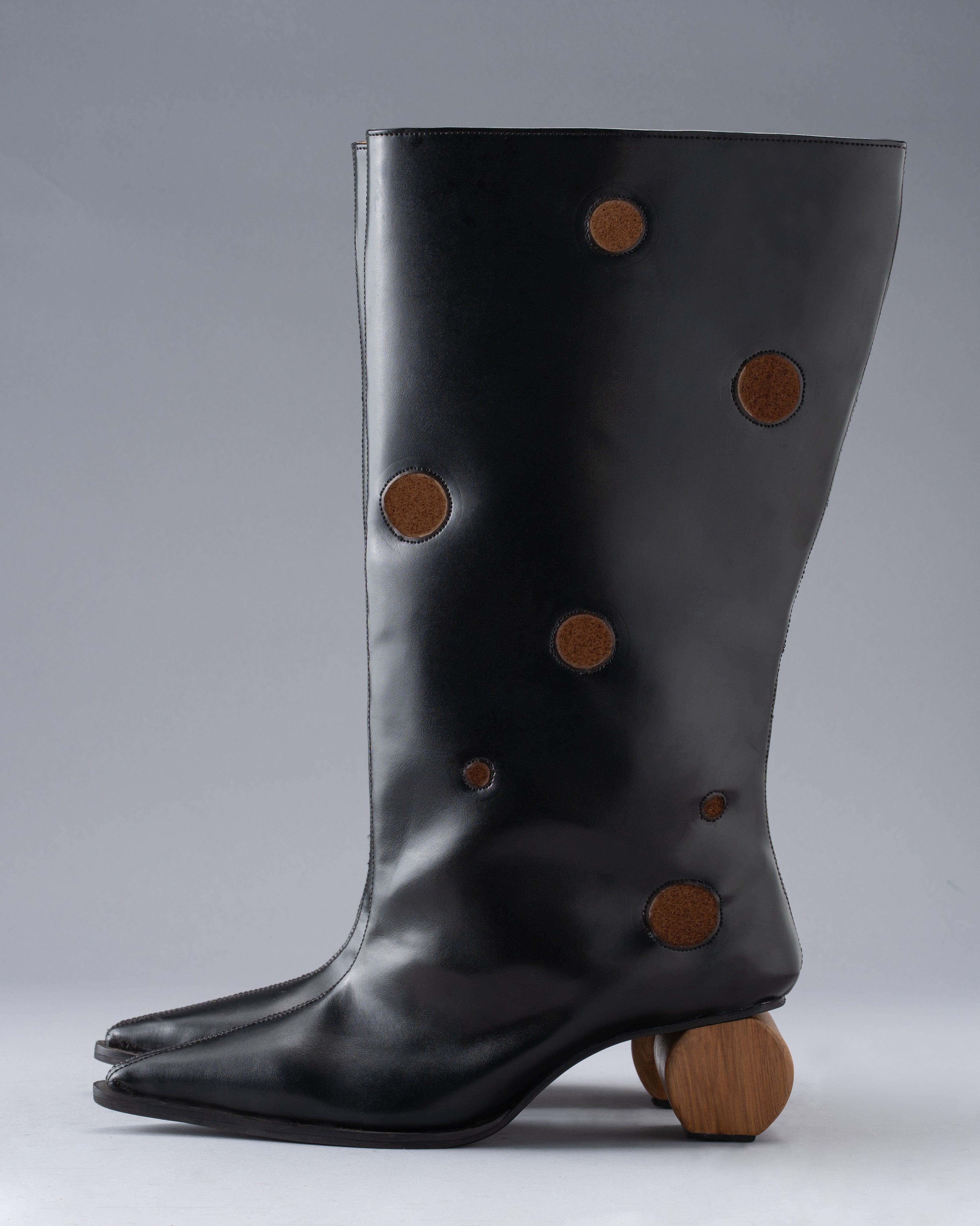 Pitch Black Boot with Laser Cutouts & Circular Wood Heel