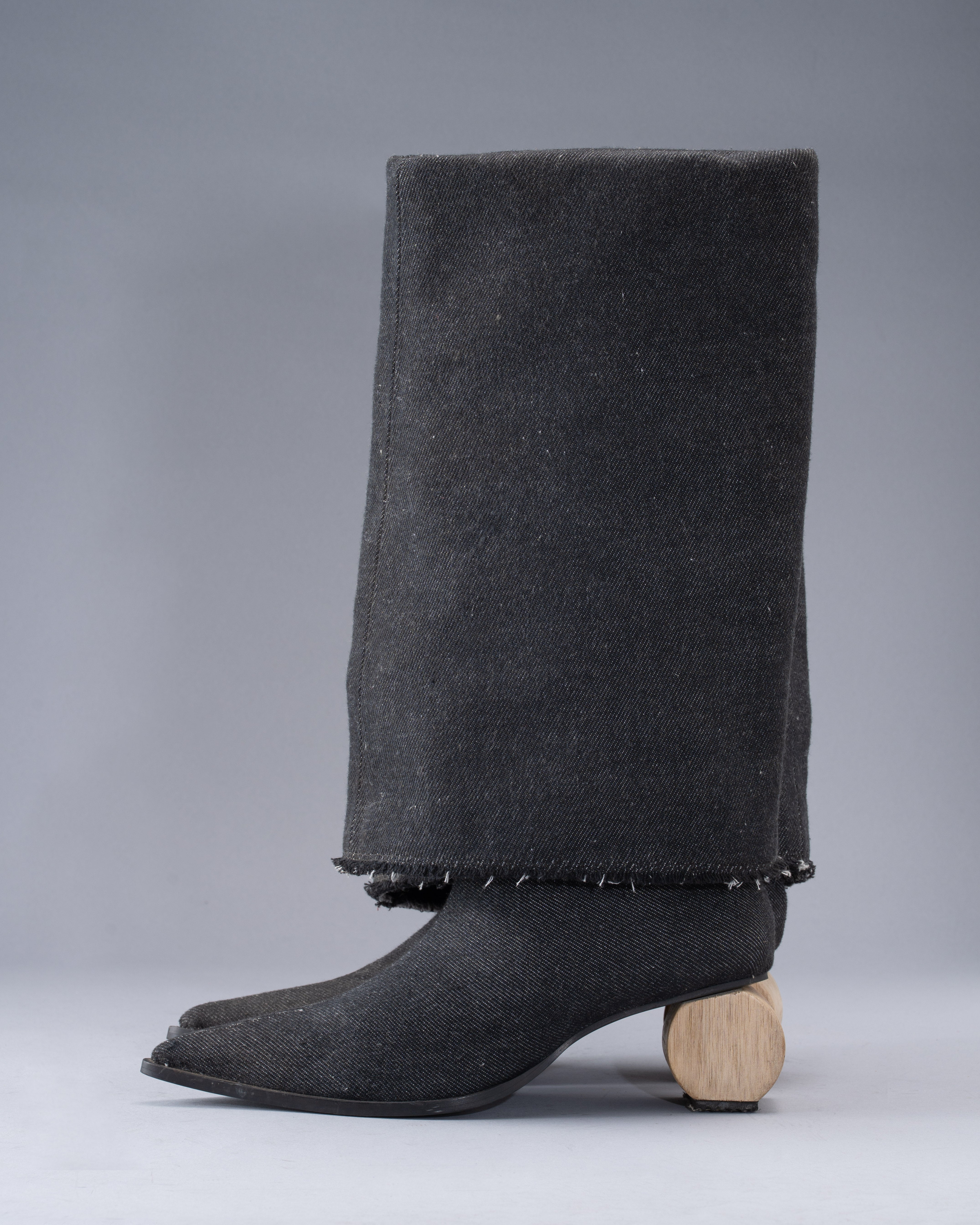 Smoky Black -Handwoven Denim Double Folded Long Boot